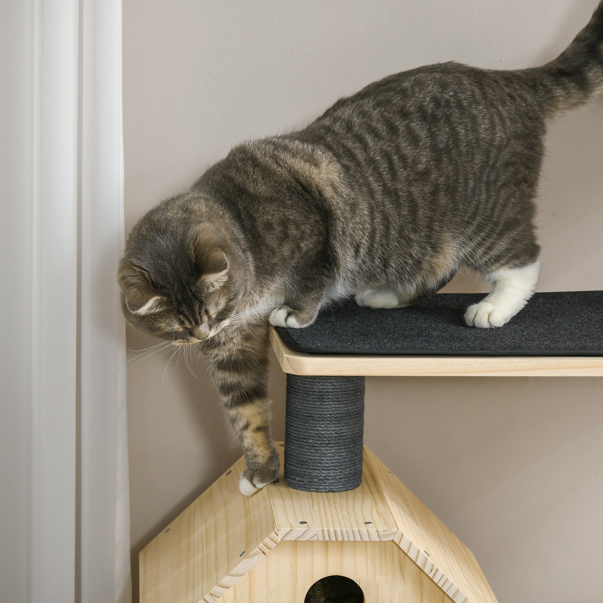 PawHut 56" Cat Tree Activity Condo Luxury Pine Wood  with Hamster-Wheel, Sisal Scratching Posts, Elevated Perches, & Roomy Interior