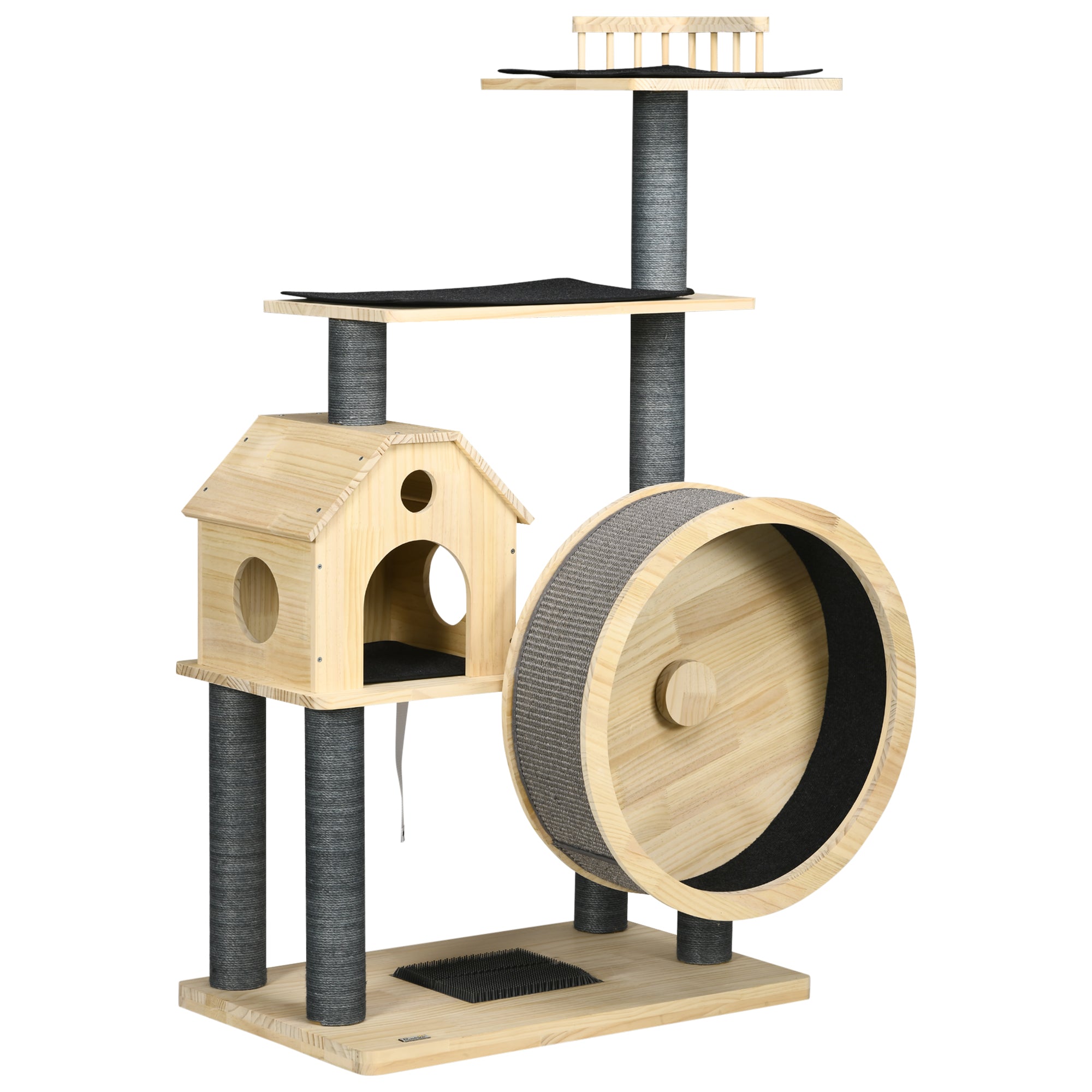 PawHut 56" Cat Tree Activity Condo Luxury Pine Wood  with Hamster-Wheel, Sisal Scratching Posts, Elevated Perches, & Roomy Interior