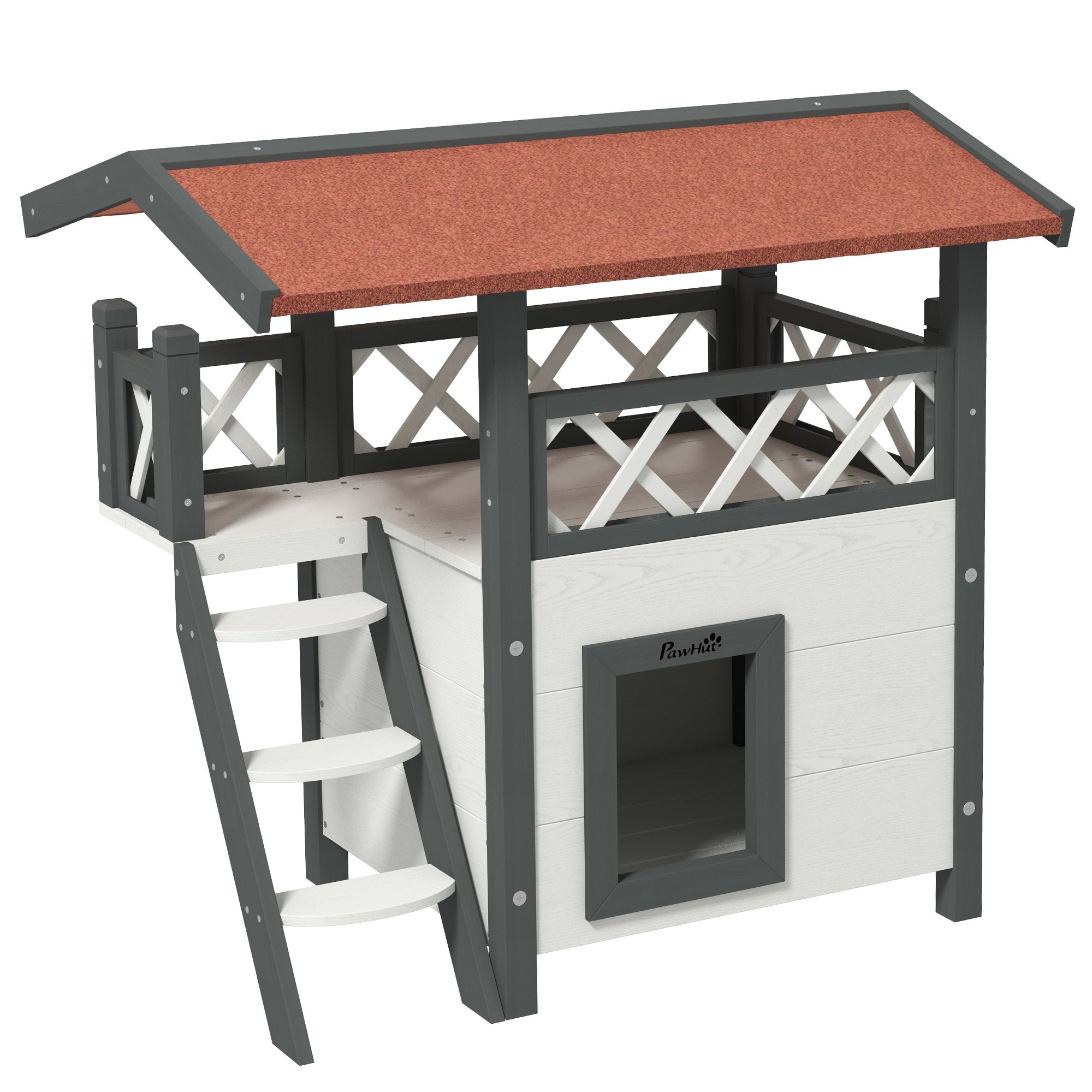 PawHut Outdoor Cat House, 2-Story Shelter for Feral Cats, Wooden Kitten Condo with Asphalt Roof, Stairs, Balcony, 30" x 20" x 29", White