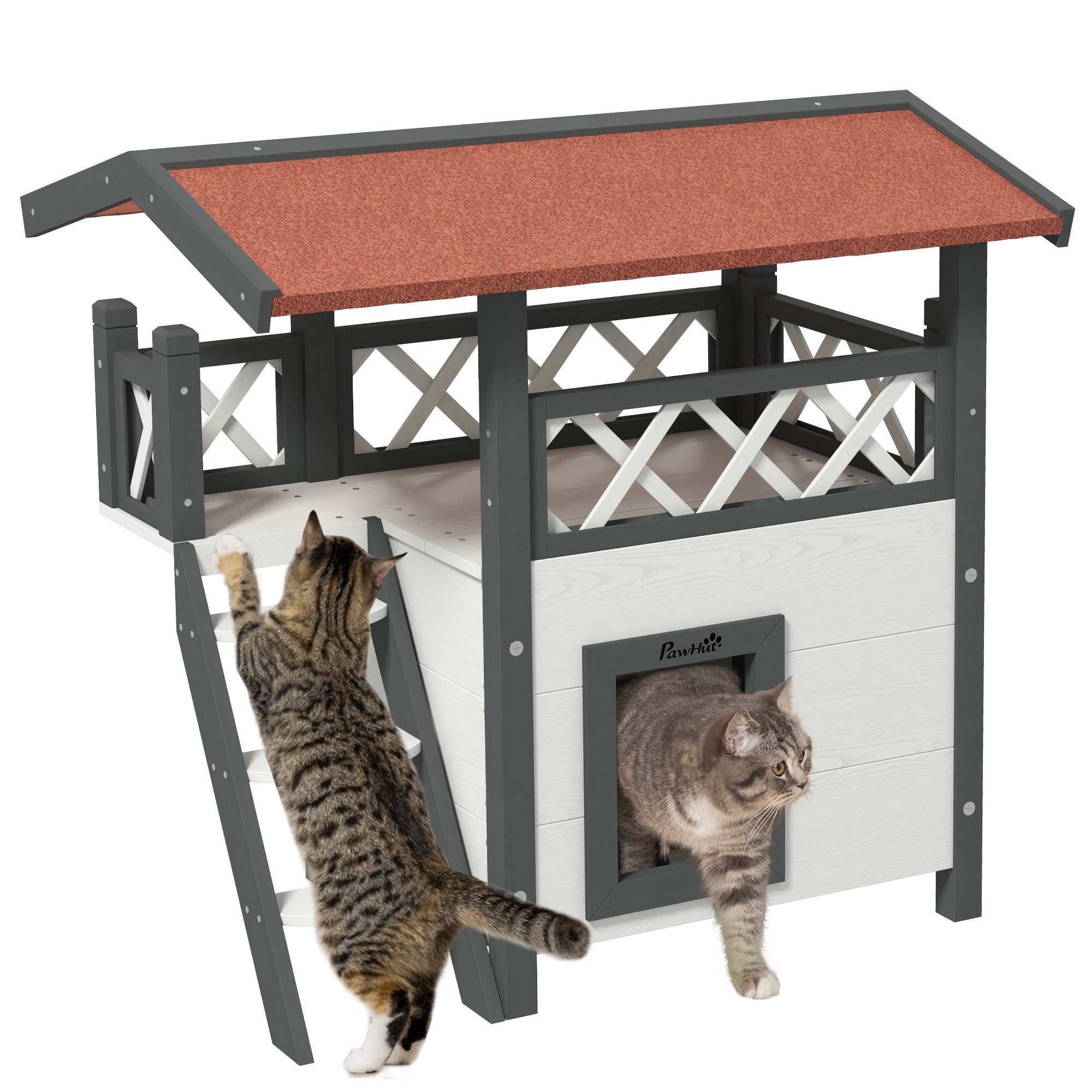 PawHut Outdoor Cat House, 2-Story Shelter for Feral Cats, Wooden Kitten Condo with Asphalt Roof, Stairs, Balcony, 30