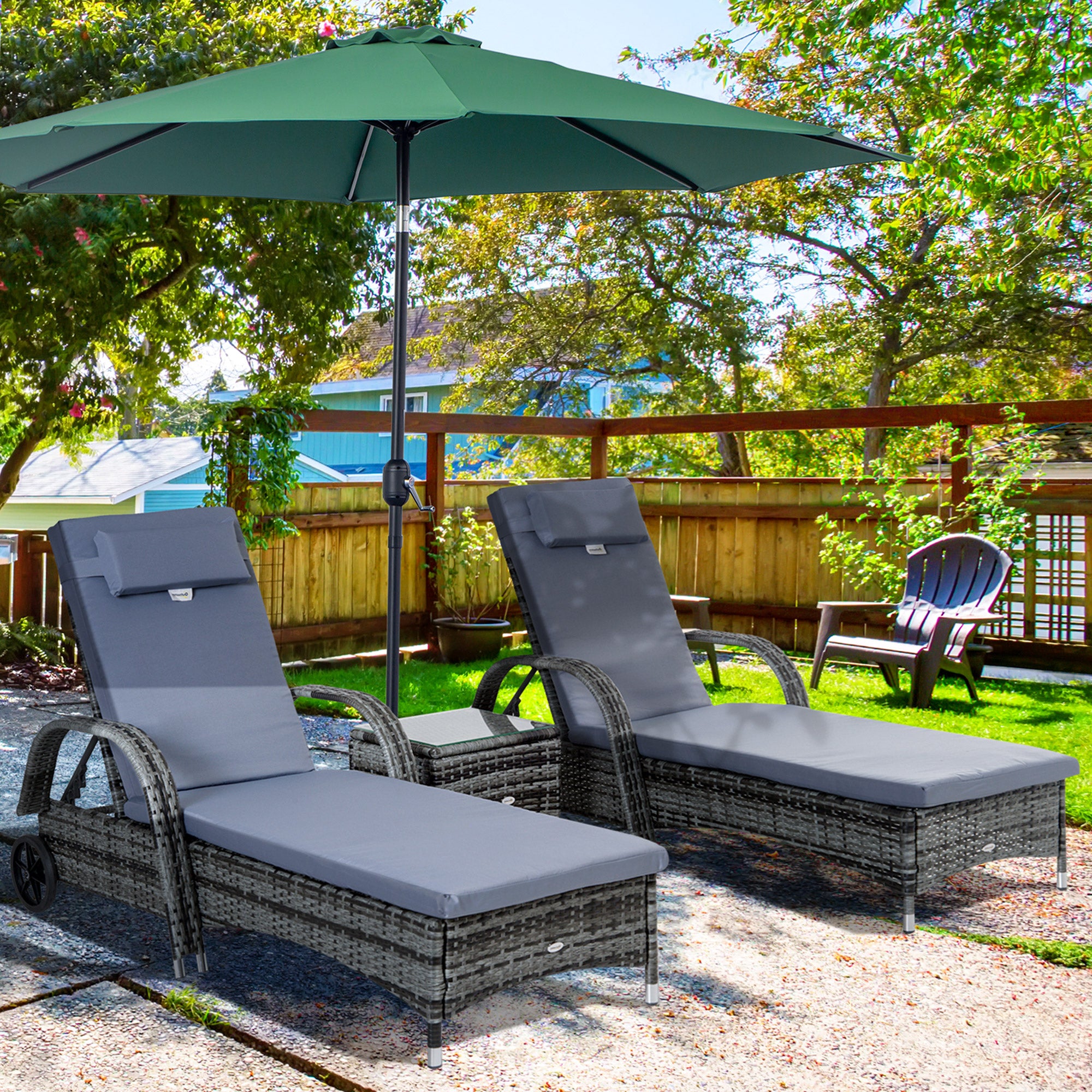 Outsunny 3 Pieces Patio Rattan Chaise Lounge Set, Outdoor PE Wicker Reclining Lounger Furniture Set, Adjustable Portable with Wheeled & Side Table, Grey