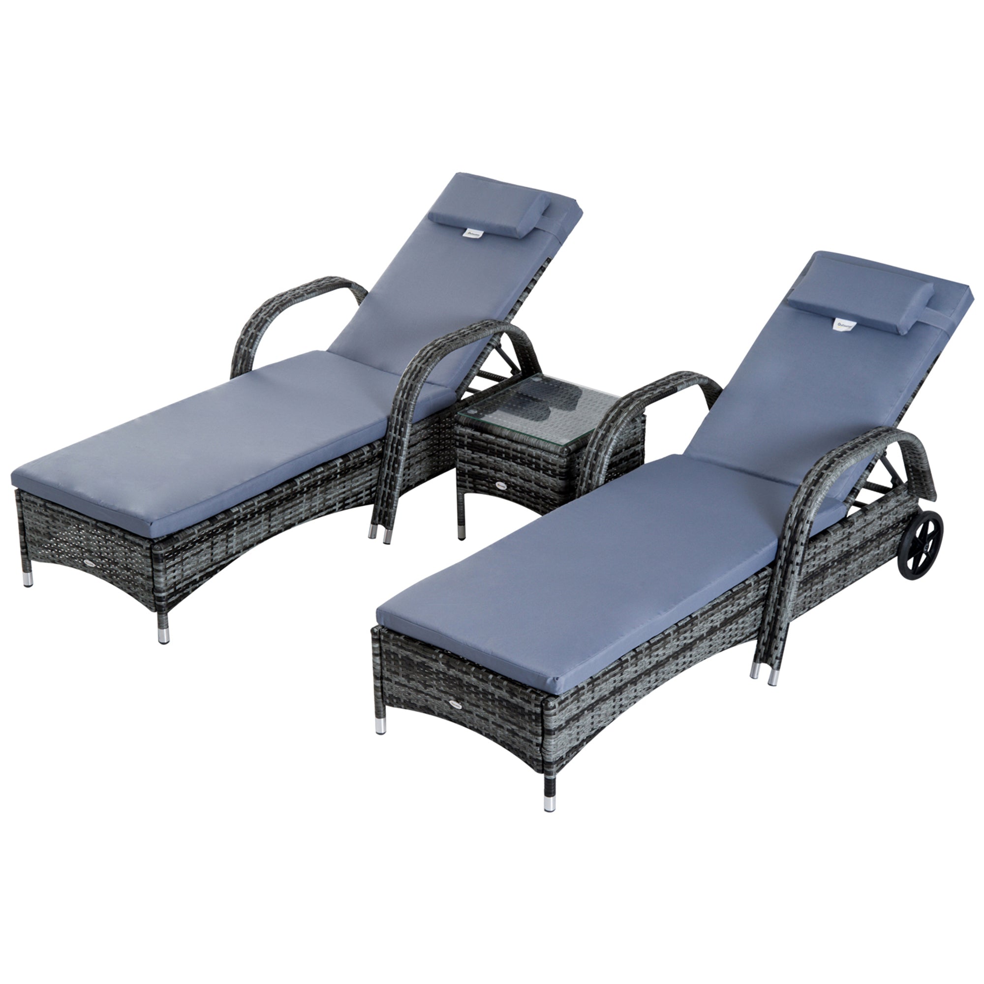 Outsunny 3 Pieces Patio Rattan Chaise Lounge Set, Outdoor PE Wicker Reclining Lounger Furniture Set, Adjustable Portable with Wheeled & Side Table, Grey
