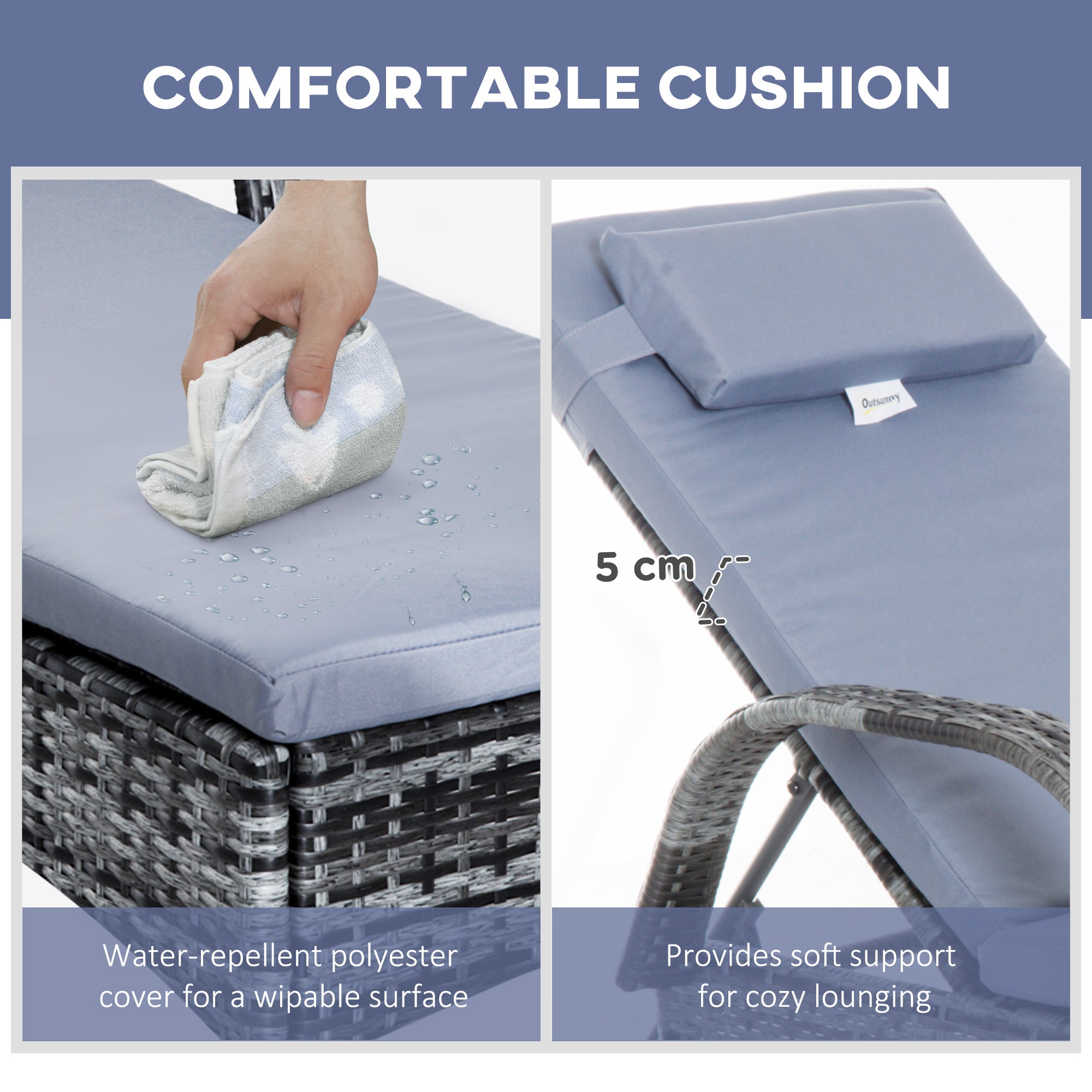 Outsunny 3 Pieces Patio Rattan Chaise Lounge Set, Outdoor PE Wicker Reclining Lounger Furniture Set, Adjustable Portable with Wheeled & Side Table, Grey