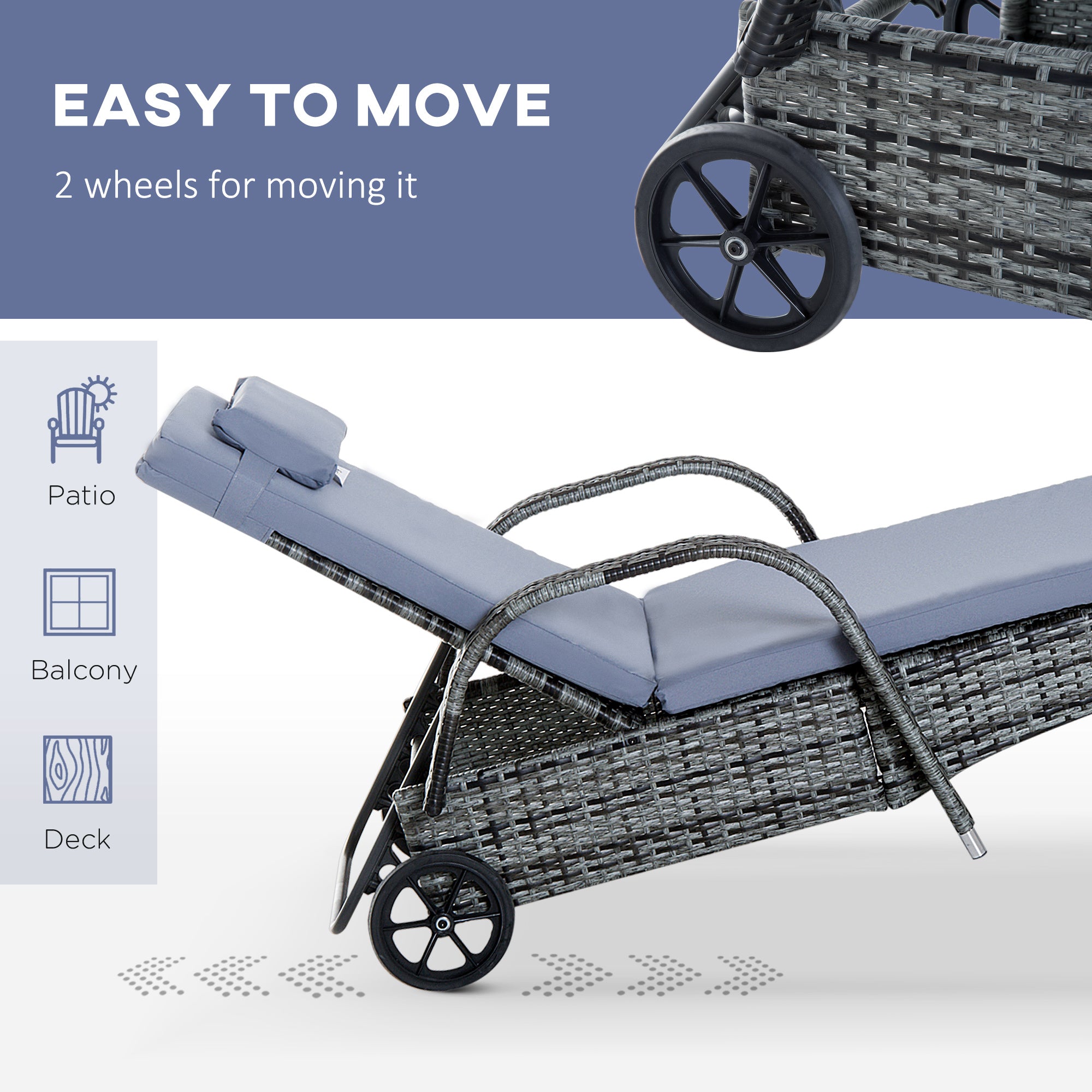 Outsunny 3 Pieces Patio Rattan Chaise Lounge Set, Outdoor PE Wicker Reclining Lounger Furniture Set, Adjustable Portable with Wheeled & Side Table, Grey