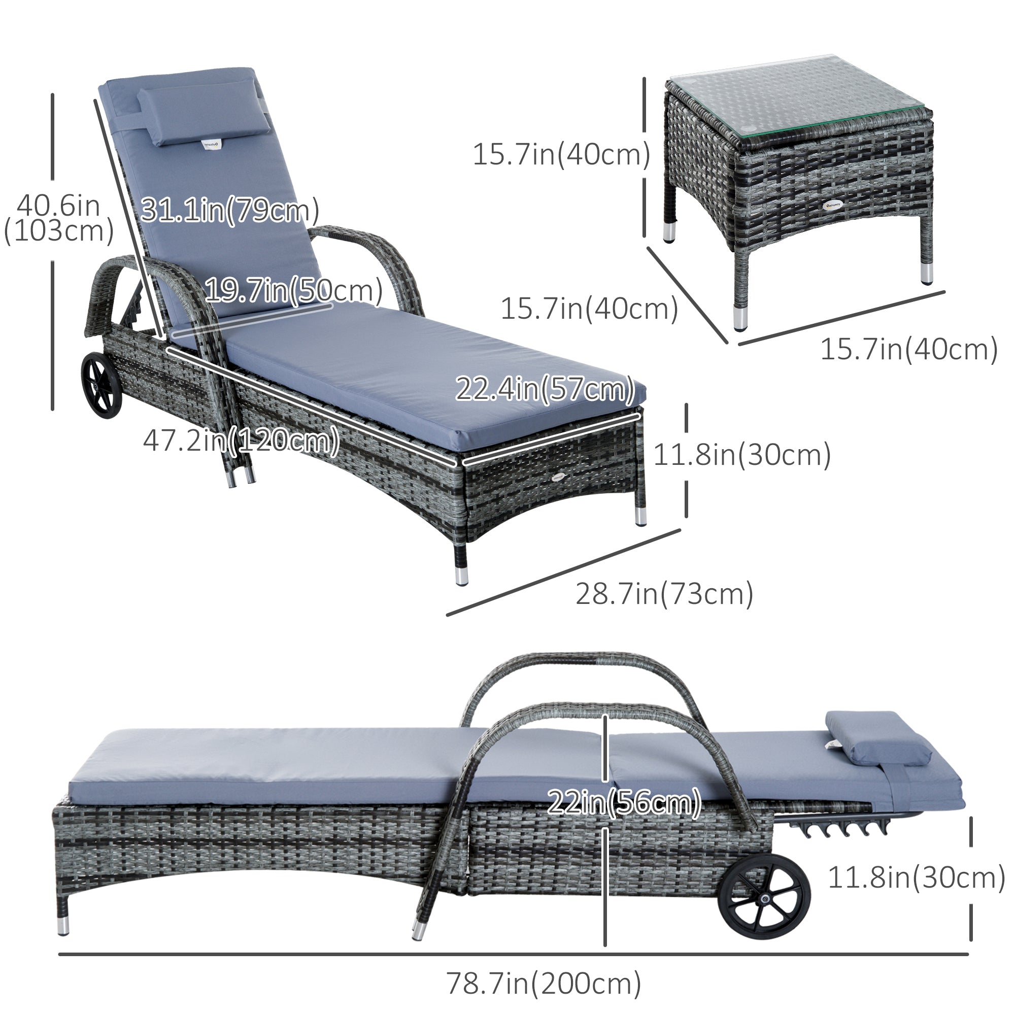 Outsunny 3 Pieces Patio Rattan Chaise Lounge Set, Outdoor PE Wicker Reclining Lounger Furniture Set, Adjustable Portable with Wheeled & Side Table, Grey