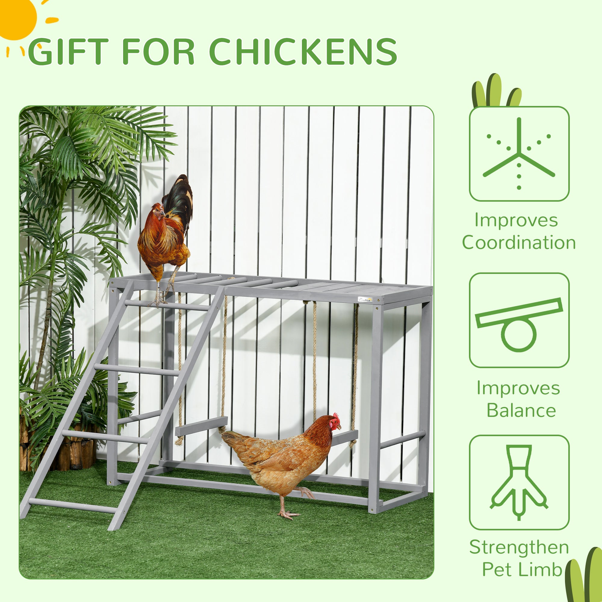 PawHut Wooden Chicken Toys for Coop with Swings, Chicken Activity Center with Ladder, Multiple Roosting Bars, for Relax Play, 3-4 Chickens