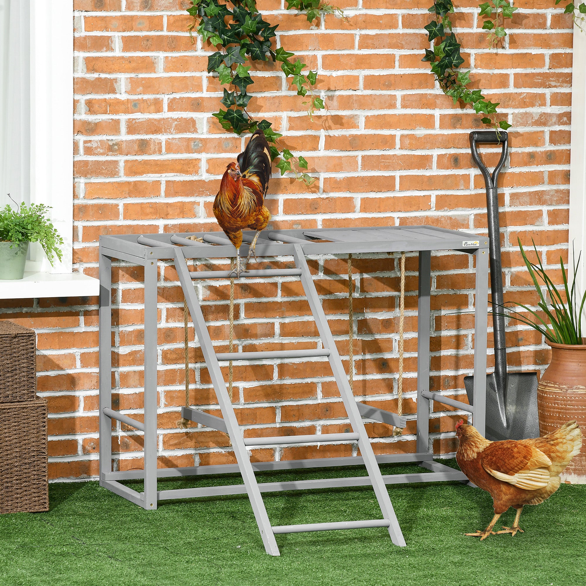 PawHut Wooden Chicken Toys for Coop with Swings, Chicken Activity Center with Ladder, Multiple Roosting Bars, for Relax Play, 3-4 Chickens