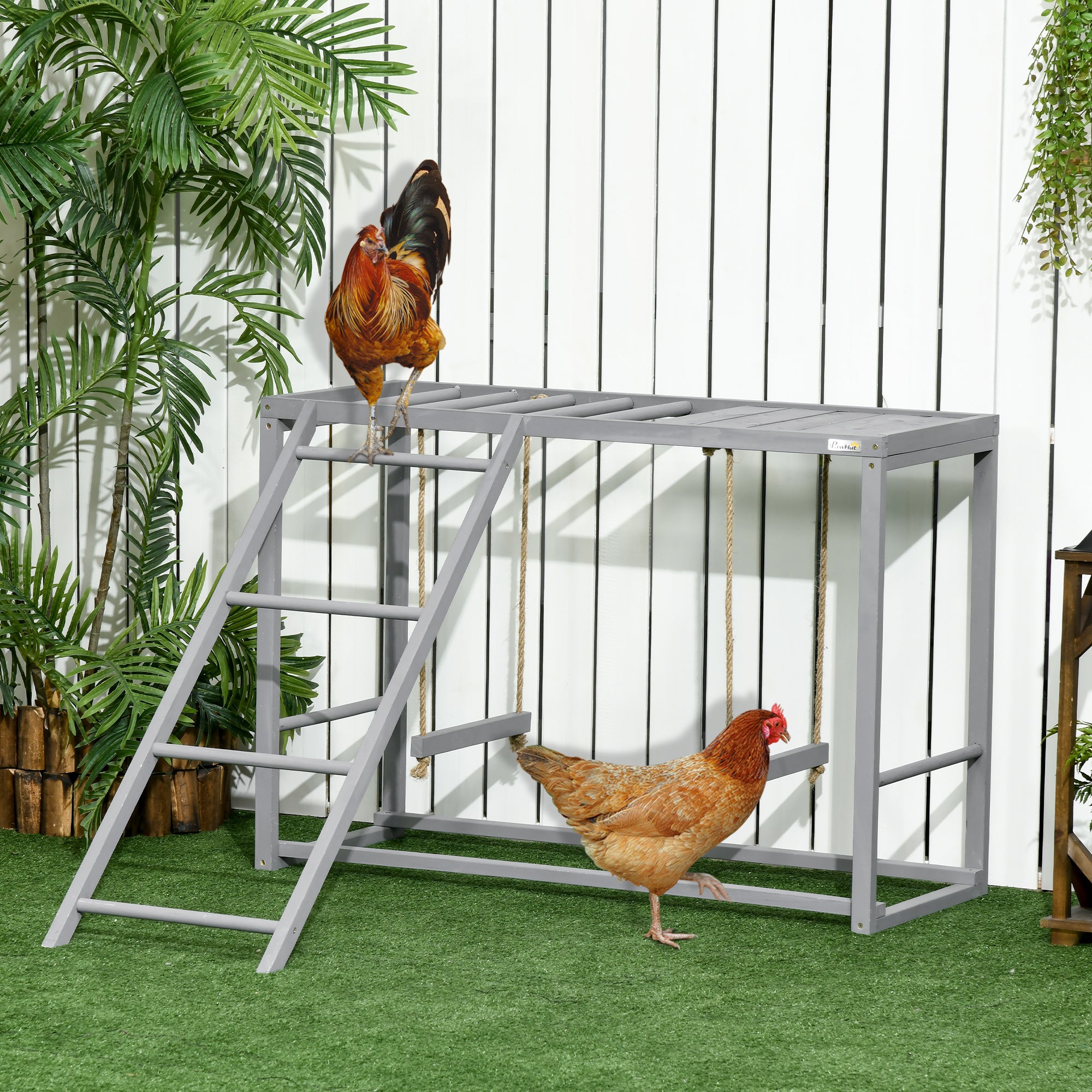 PawHut Wooden Chicken Toys for Coop with Swings, Chicken Activity Center with Ladder, Multiple Roosting Bars, for Relax Play, 3-4 Chickens