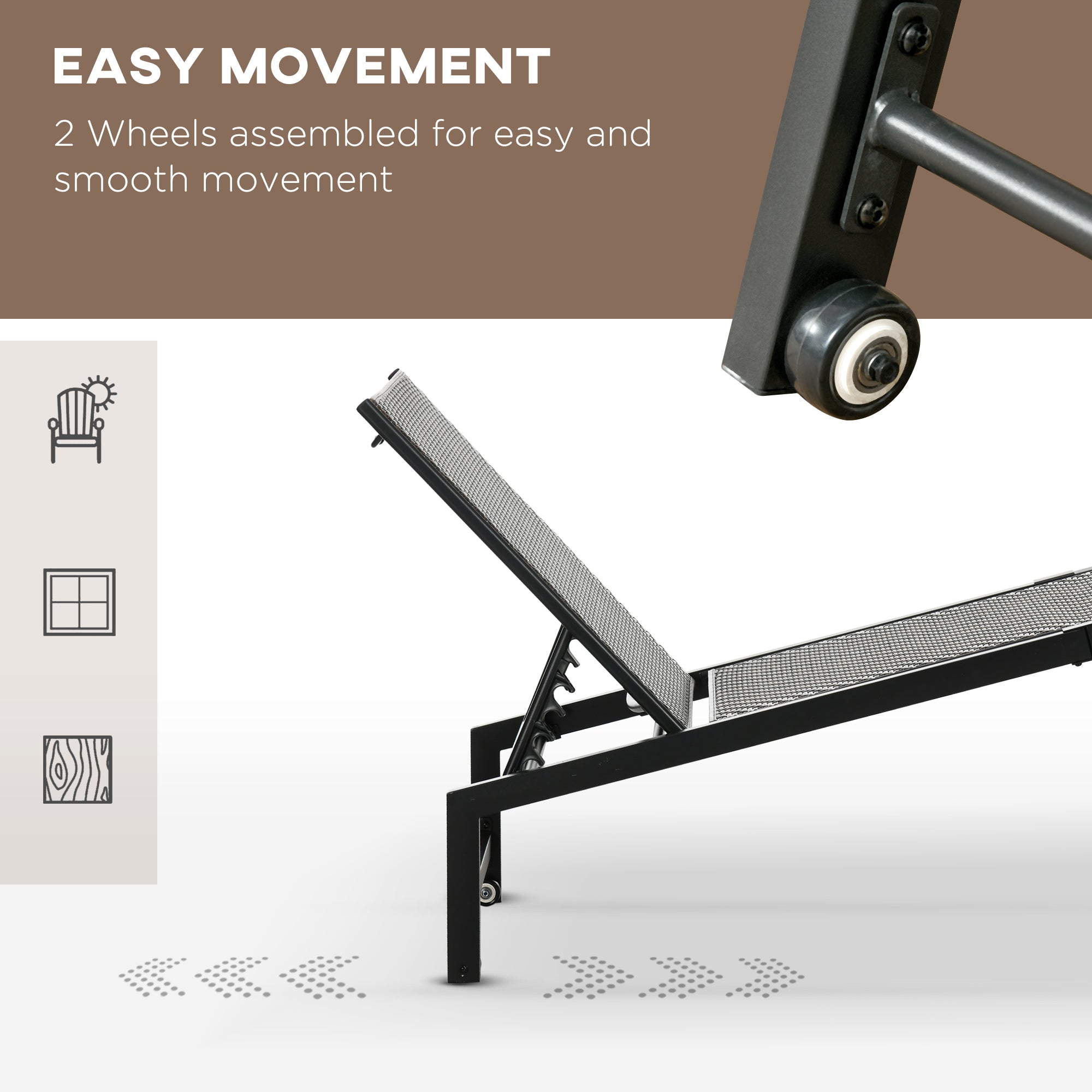 Outsunny Patio Lounger Chair, Outdoor Steel Frame PE Rattan Wicker Sun Lounger w/ 5-Position Backrest and Wheels for Sun Room, Garden, Poolside, Brown