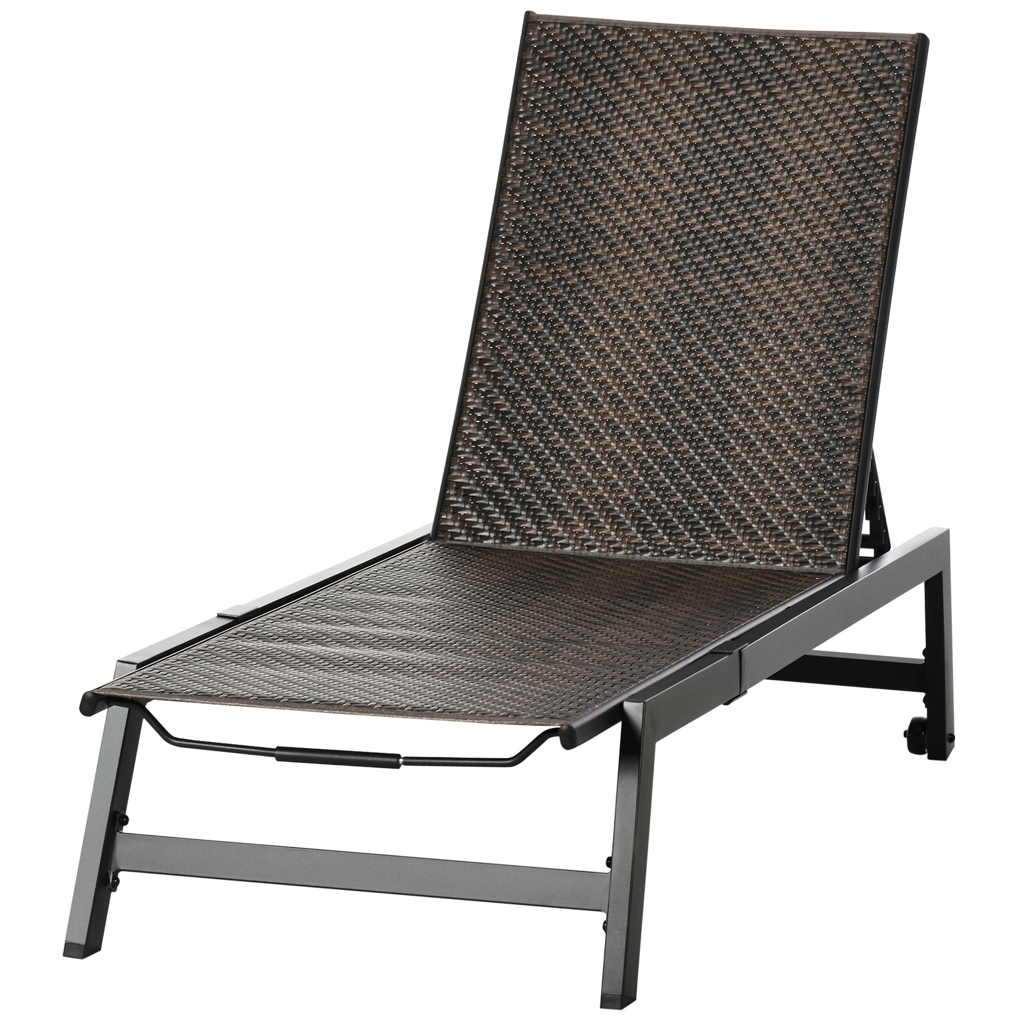 Outsunny Patio Lounger Chair, Outdoor Steel Frame PE Rattan Wicker Sun Lounger w/ 5-Position Backrest and Wheels for Sun Room, Garden, Poolside, Brown