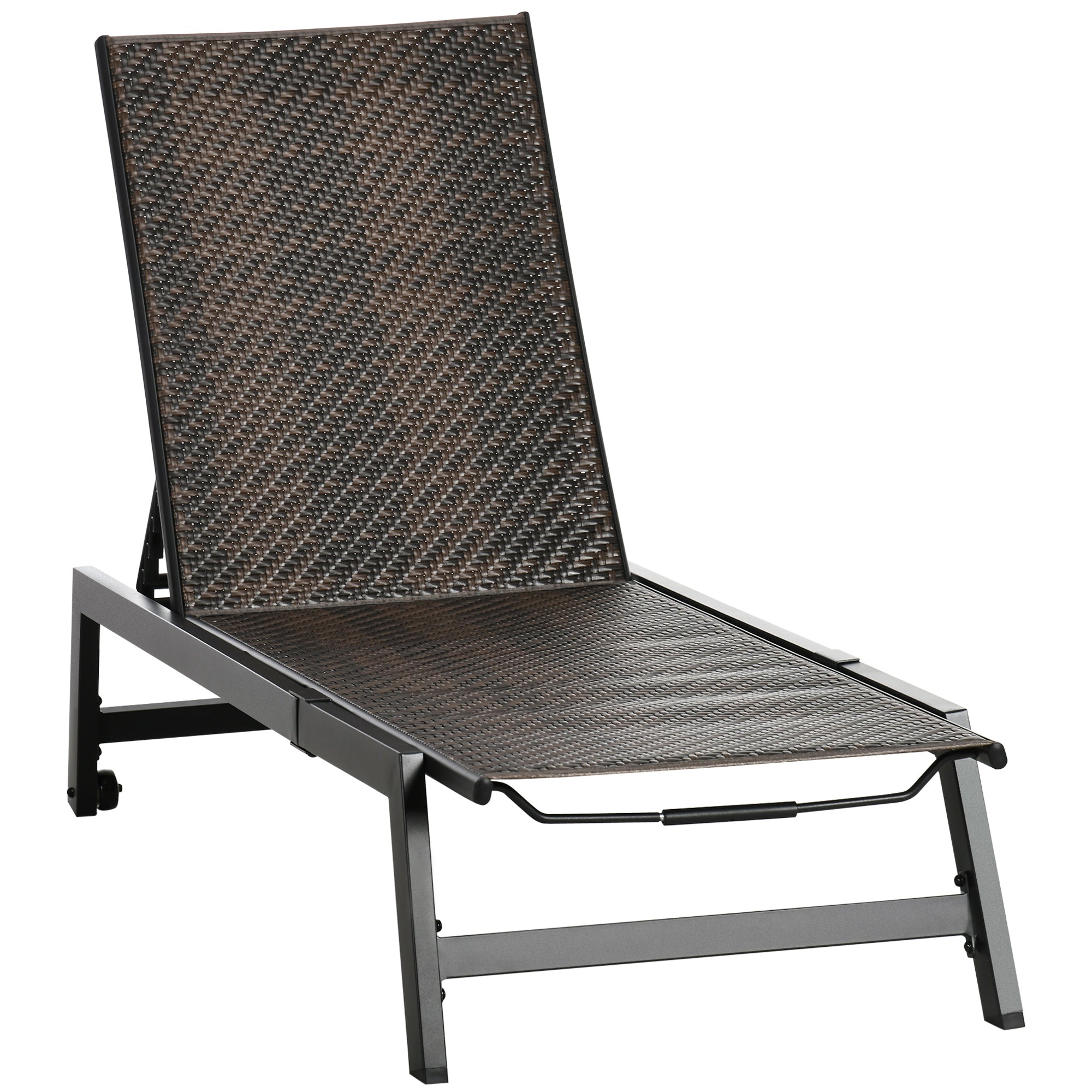 Outsunny Patio Lounger Chair, Outdoor Steel Frame PE Rattan Wicker Sun Lounger w/ 5-Position Backrest and Wheels for Sun Room, Garden, Poolside, Brown