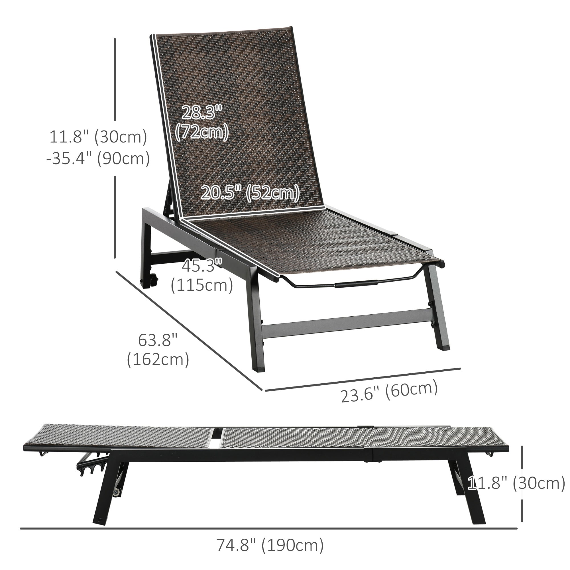 Outsunny Patio Lounger Chair, Outdoor Steel Frame PE Rattan Wicker Sun Lounger w/ 5-Position Backrest and Wheels for Sun Room, Garden, Poolside, Brown