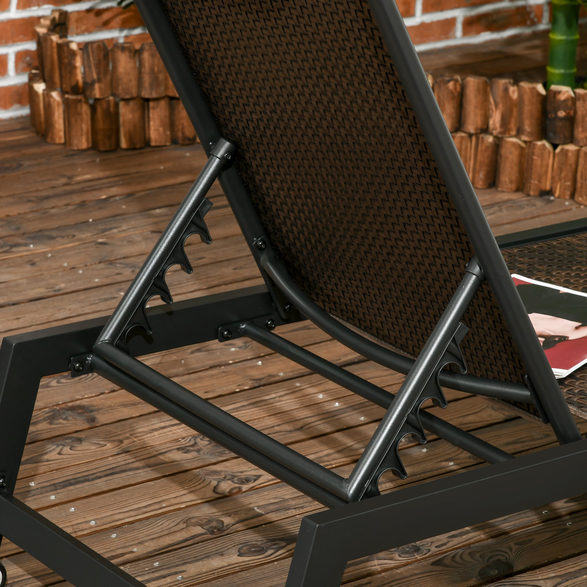 Outsunny Patio Lounger Chair, Outdoor Steel Frame PE Rattan Wicker Sun Lounger w/ 5-Position Backrest and Wheels for Sun Room, Garden, Poolside, Brown