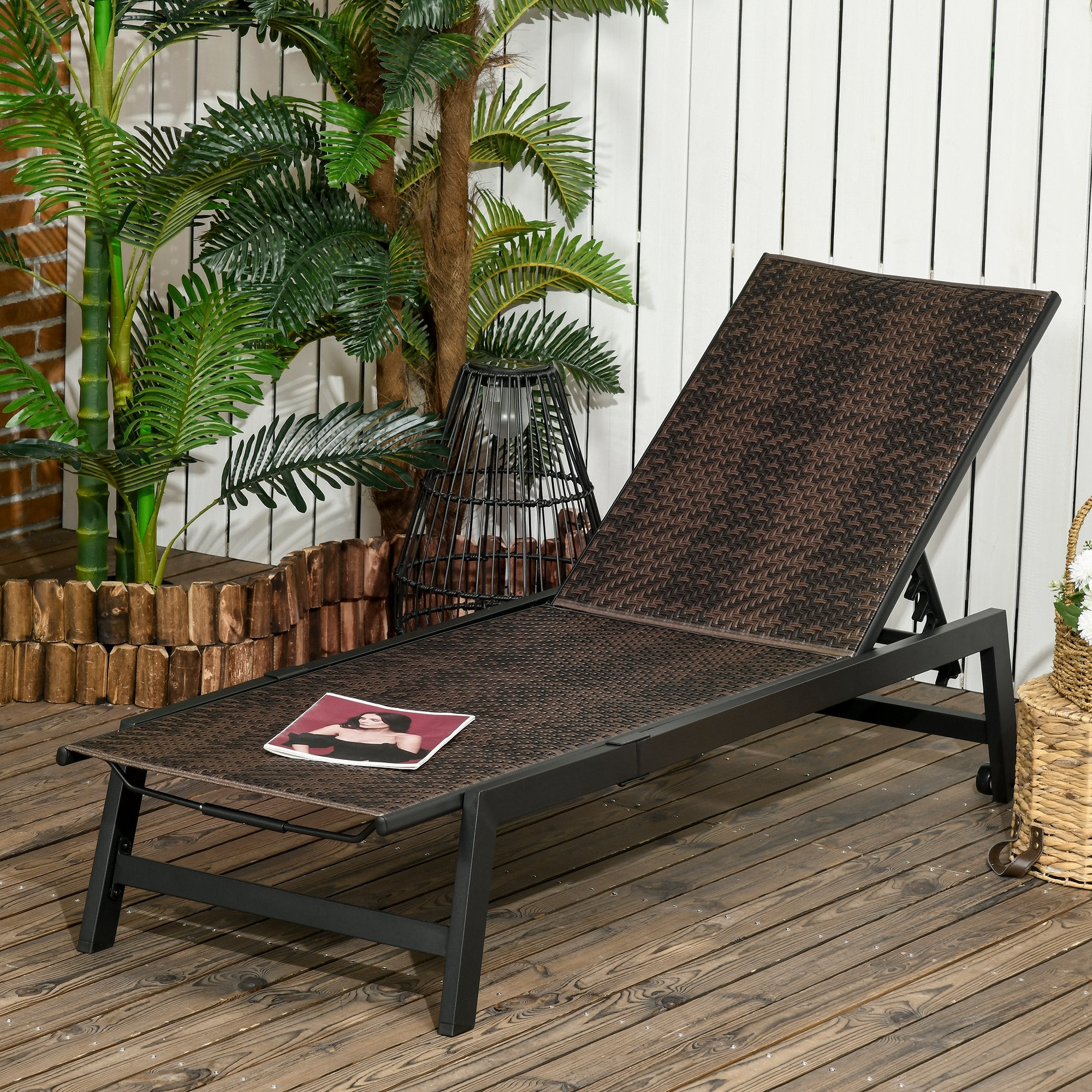 Outsunny Patio Lounger Chair, Outdoor Steel Frame PE Rattan Wicker Sun Lounger w/ 5-Position Backrest and Wheels for Sun Room, Garden, Poolside, Brown