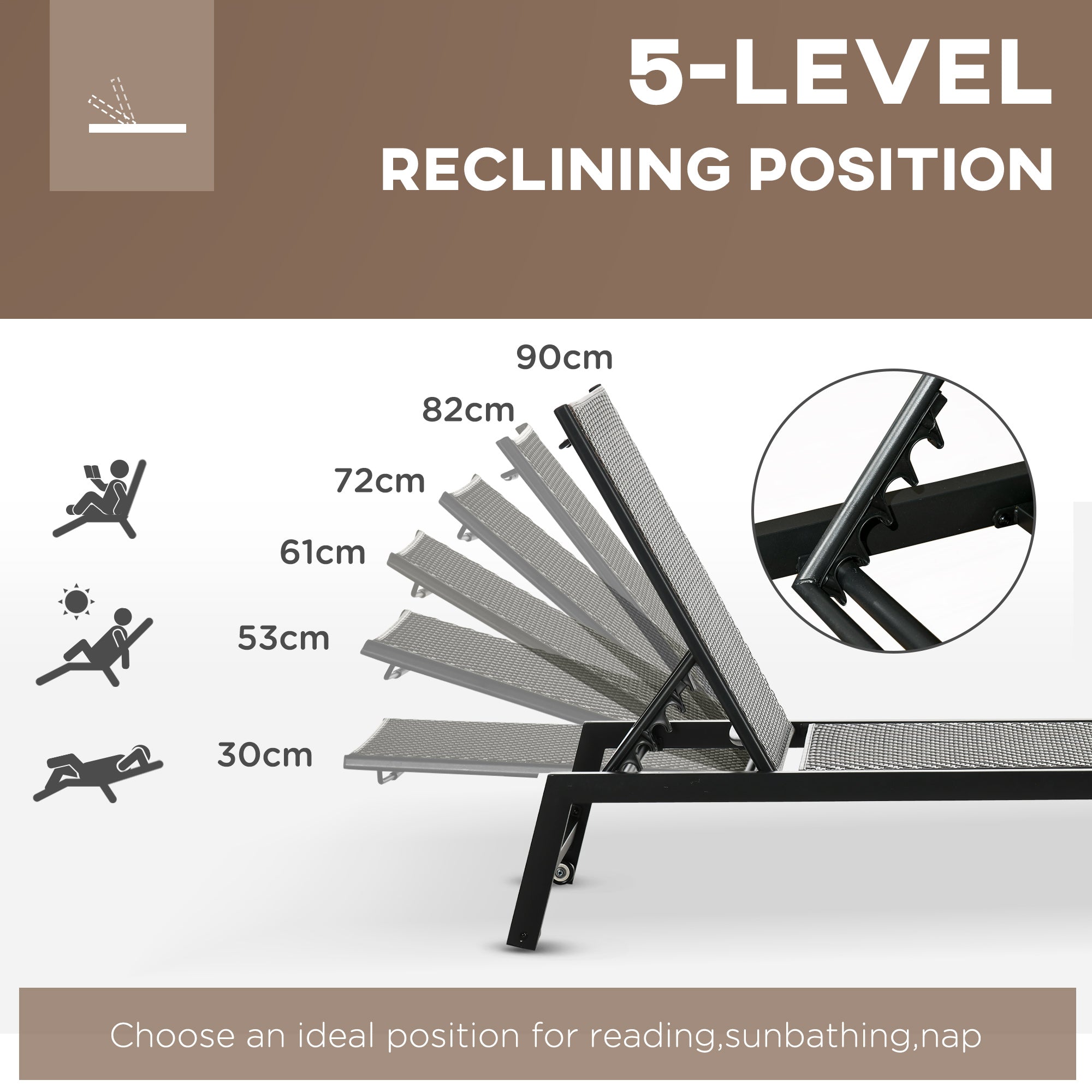 Outsunny Patio Lounger Chair, Outdoor Steel Frame PE Rattan Wicker Sun Lounger w/ 5-Position Backrest and Wheels for Sun Room, Garden, Poolside, Brown