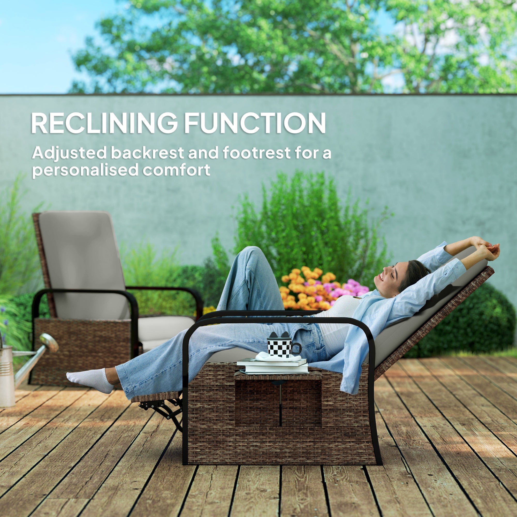 Outsunny Outdoor Recliner Chair, Reclining Outdoor Lounge Chair with Adjustable Backrest and Footrest, Wicker Chair with Flip Side Table, Aluminum Armrests and Cushion, Light Grey
