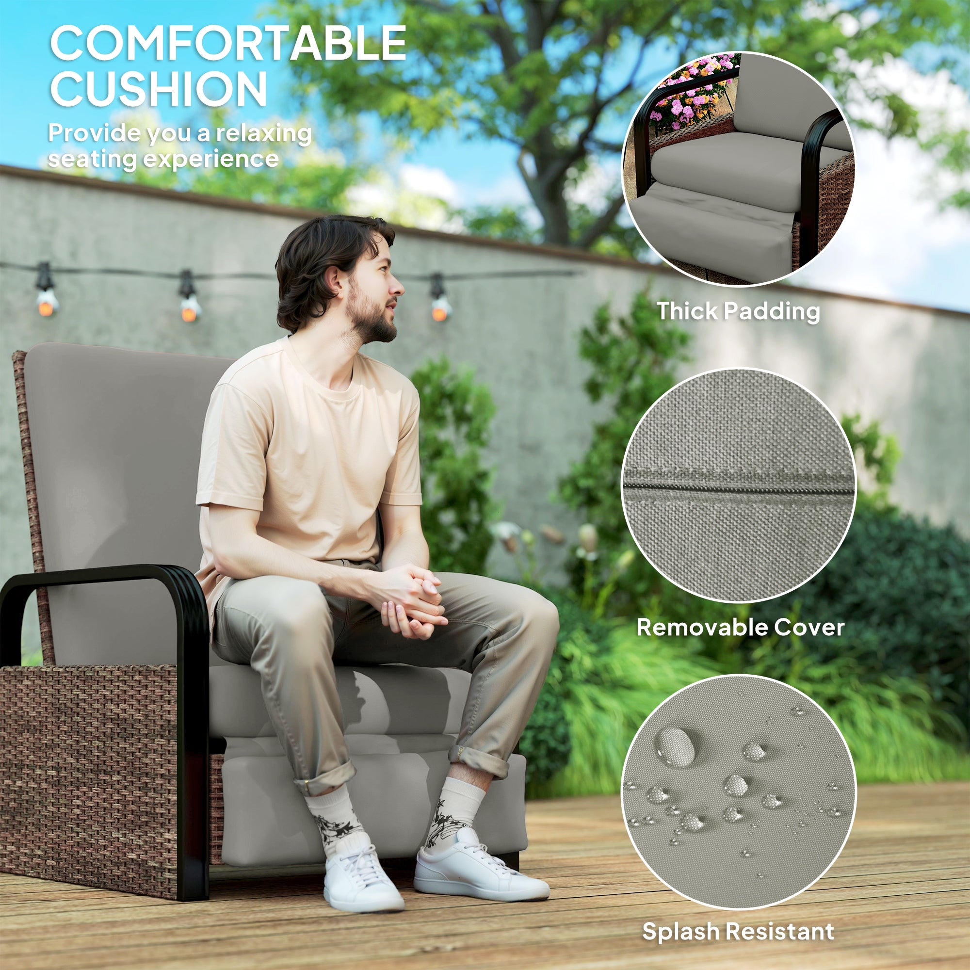Outsunny Outdoor Recliner Chair, Reclining Outdoor Lounge Chair with Adjustable Backrest and Footrest, Wicker Chair with Flip Side Table, Aluminum Armrests and Cushion, Light Grey