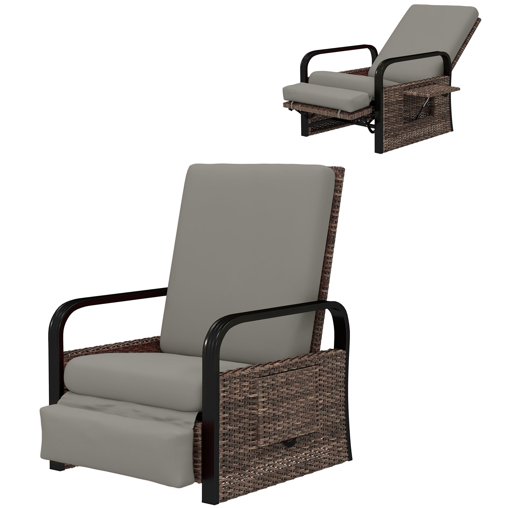 Outsunny Outdoor Recliner Chair, Reclining Outdoor Lounge Chair with Adjustable Backrest and Footrest, Wicker Chair with Flip Side Table, Aluminum Armrests and Cushion, Light Grey