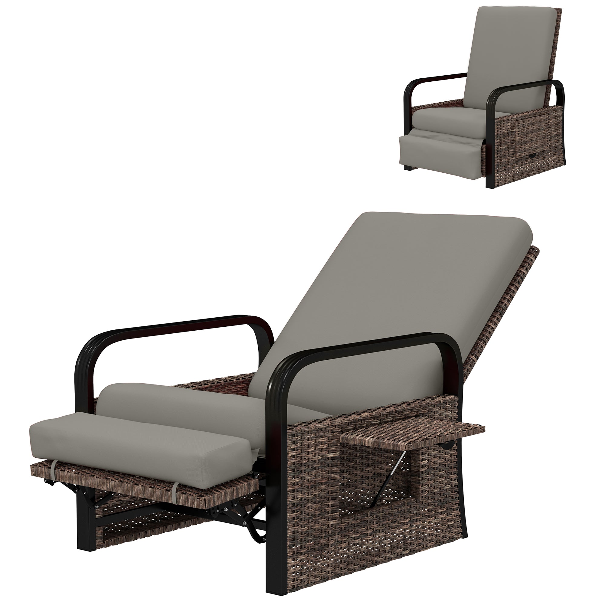Outsunny Outdoor Recliner Chair, Reclining Outdoor Lounge Chair with Adjustable Backrest and Footrest, Wicker Chair with Flip Side Table, Aluminum Armrests and Cushion, Light Grey