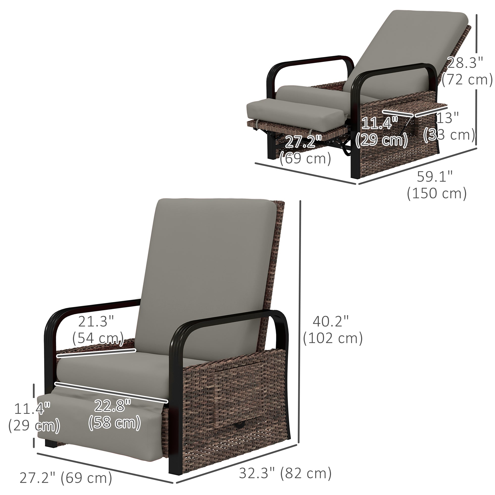 Outsunny Outdoor Recliner Chair, Reclining Outdoor Lounge Chair with Adjustable Backrest and Footrest, Wicker Chair with Flip Side Table, Aluminum Armrests and Cushion, Light Grey