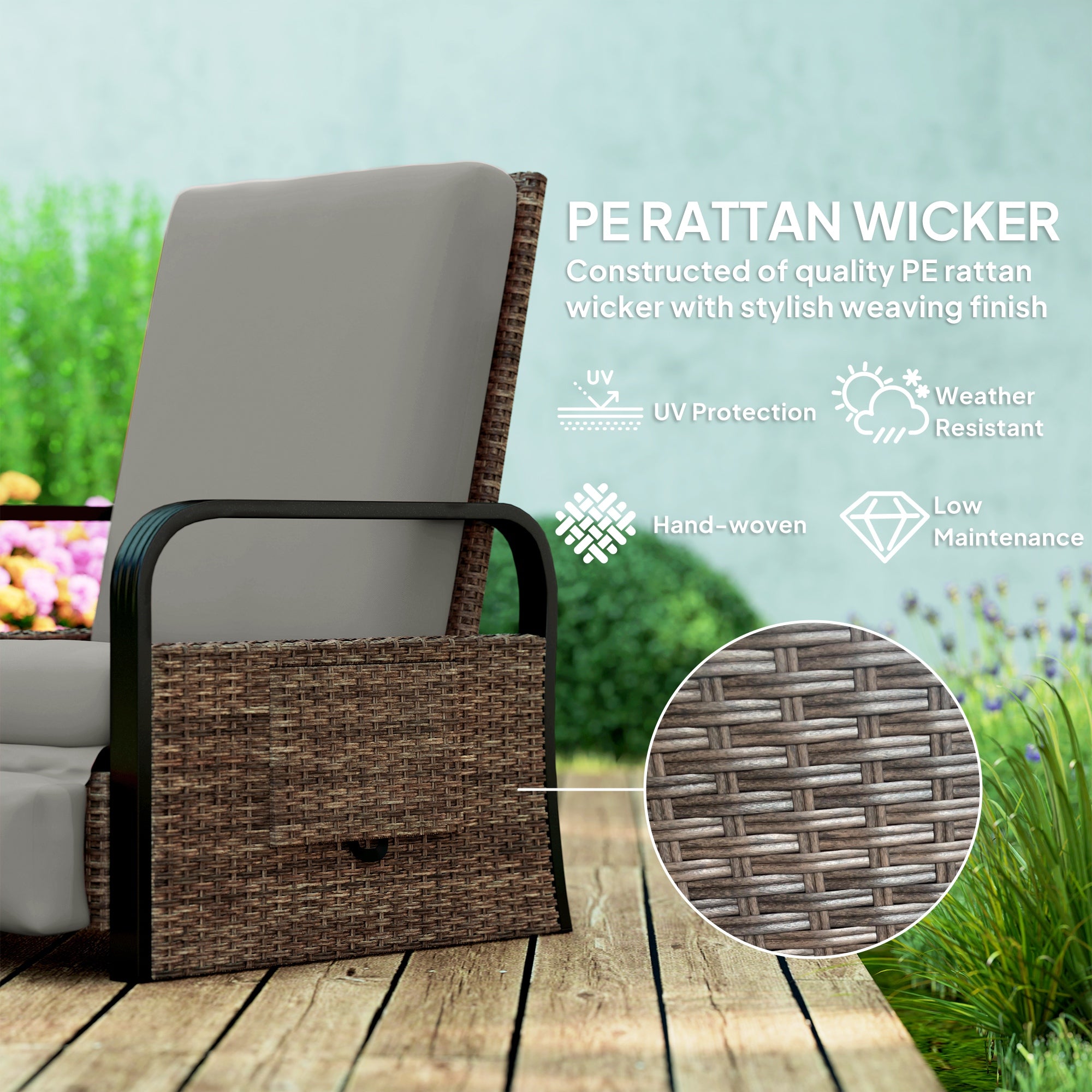 Outsunny Outdoor Recliner Chair, Reclining Outdoor Lounge Chair with Adjustable Backrest and Footrest, Wicker Chair with Flip Side Table, Aluminum Armrests and Cushion, Light Grey
