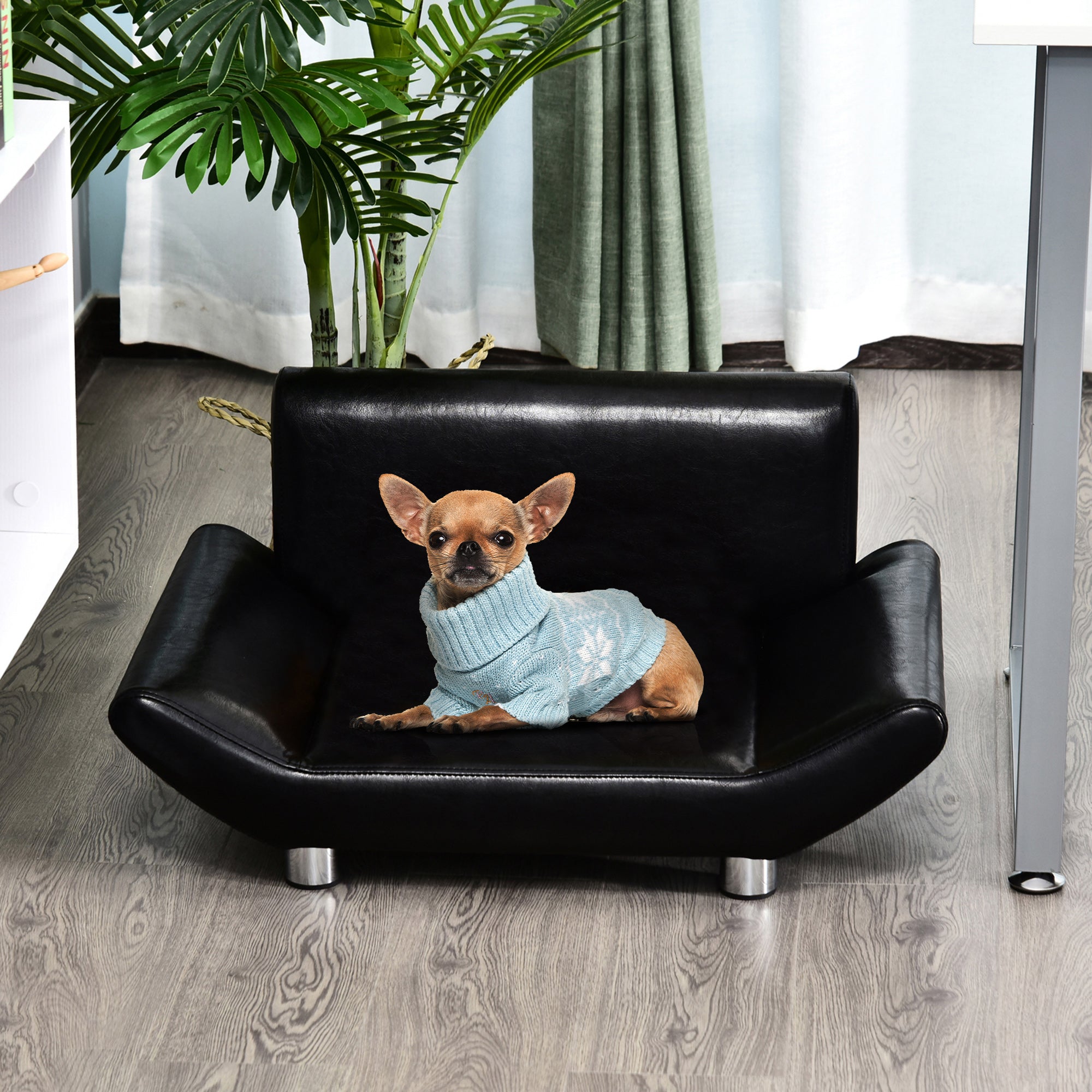 PawHut Pet Sofa Chair Dog Cat Kitten Couch Bed Luxury Furniture Faux Leather Seater Black