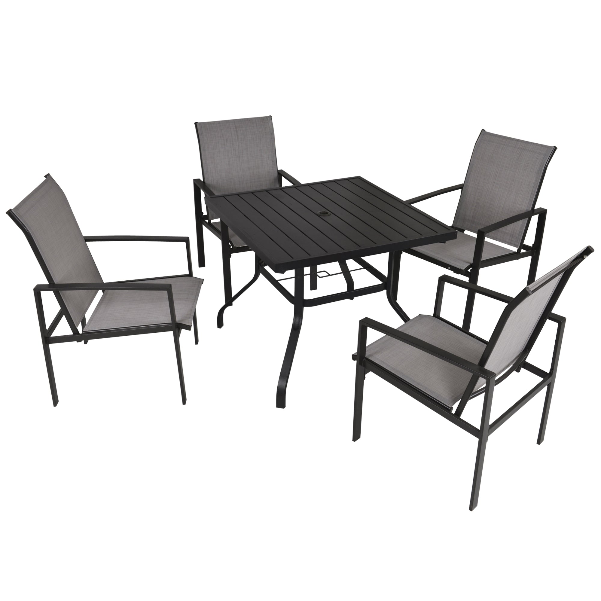 Outsunny 5pc Patio Garden Table Set Outdoor Furniture Dining Set w/ Metal Slat Finish and 1.75" Umbrella Hole for Backyard Porch, Grey