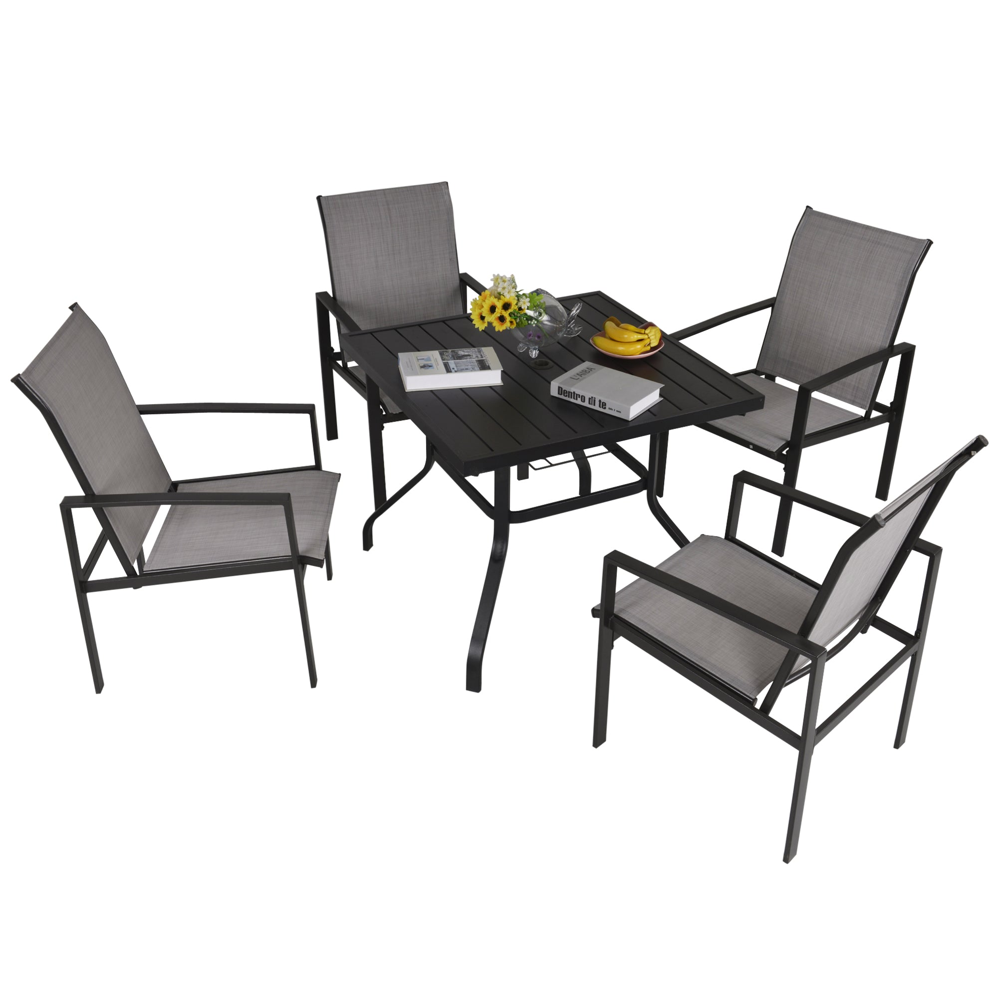 Outsunny 5pc Patio Garden Table Set Outdoor Furniture Dining Set w/ Metal Slat Finish and 1.75" Umbrella Hole for Backyard Porch, Grey