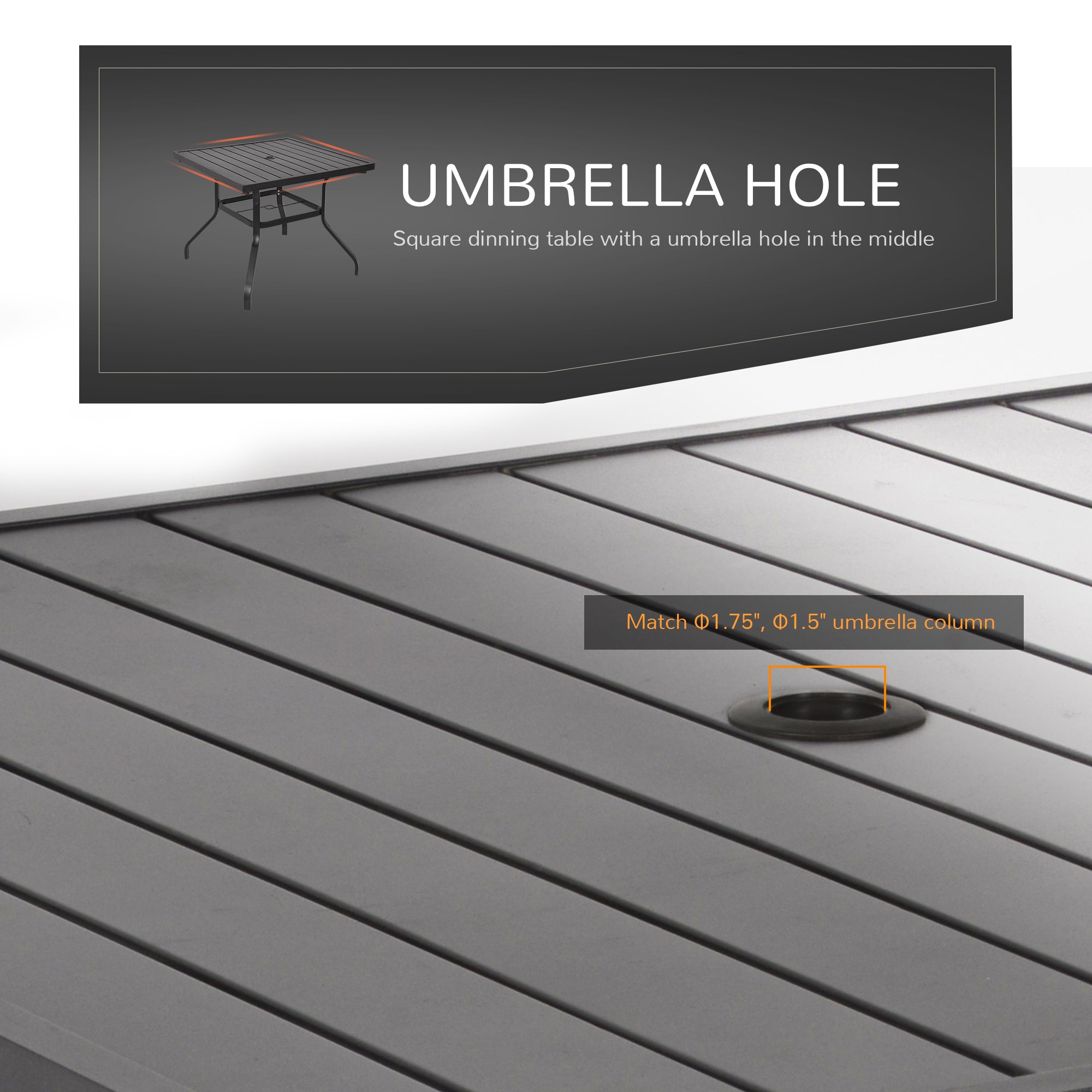 Outsunny 5pc Patio Garden Table Set Outdoor Furniture Dining Set w/ Metal Slat Finish and 1.75" Umbrella Hole for Backyard Porch, Grey