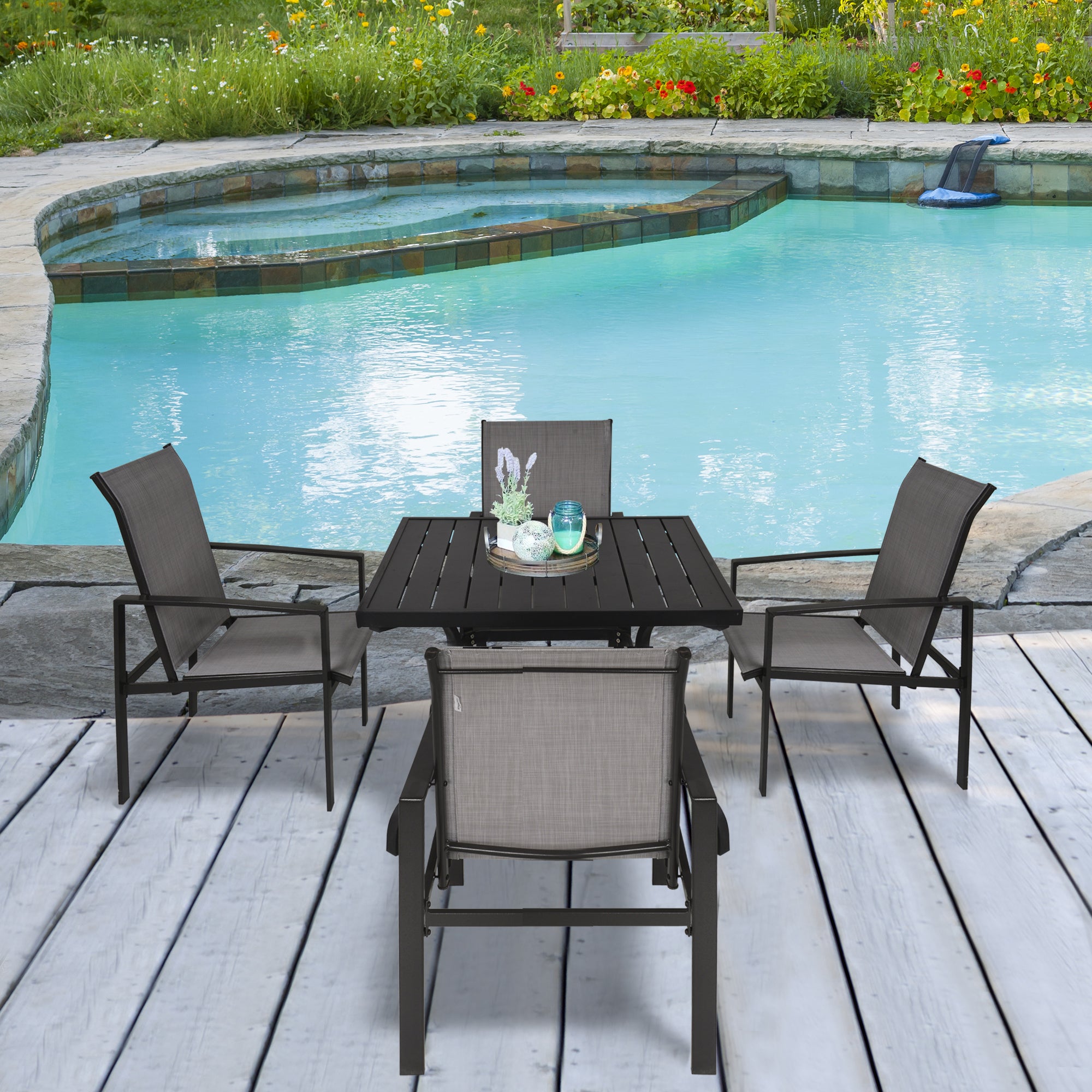 Outsunny 5pc Patio Garden Table Set Outdoor Furniture Dining Set w/ Metal Slat Finish and 1.75" Umbrella Hole for Backyard Porch, Grey