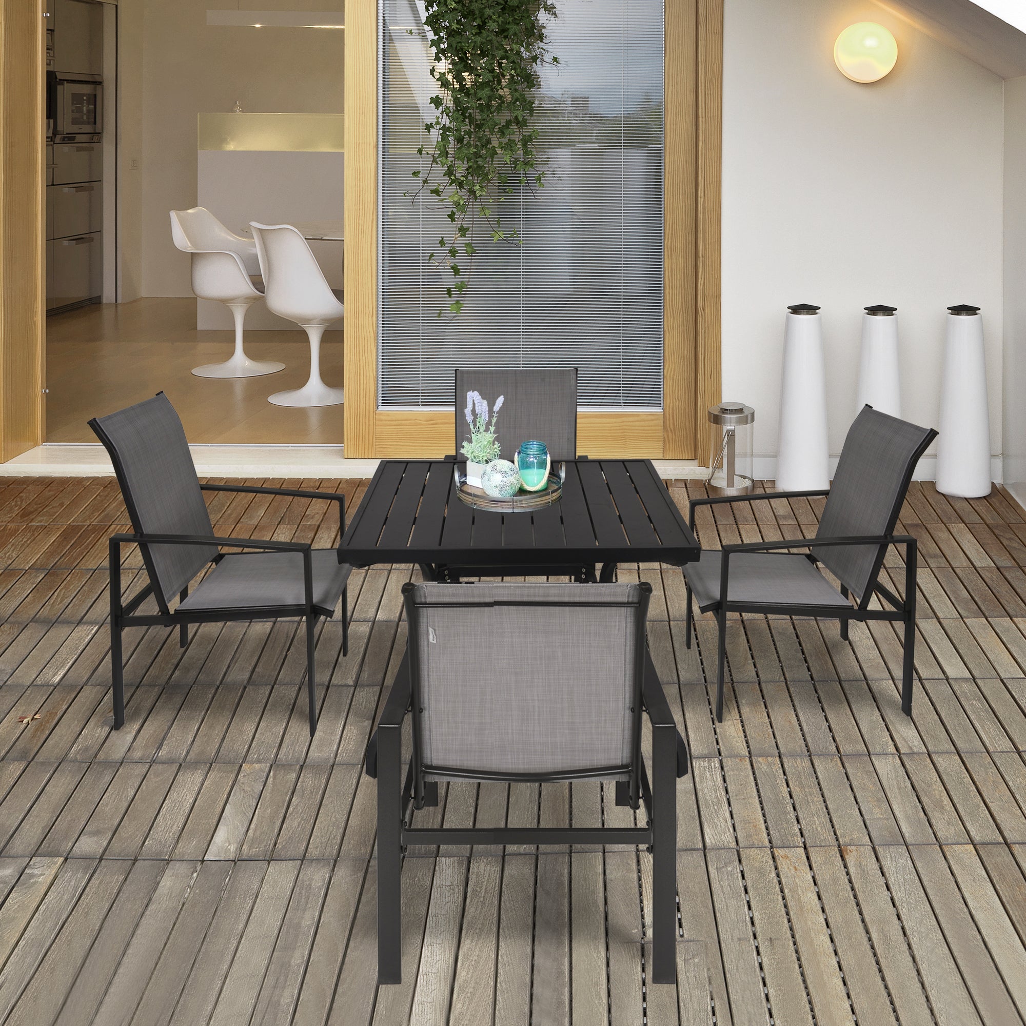 Outsunny 5pc Patio Garden Table Set Outdoor Furniture Dining Set w/ Metal Slat Finish and 1.75" Umbrella Hole for Backyard Porch, Grey