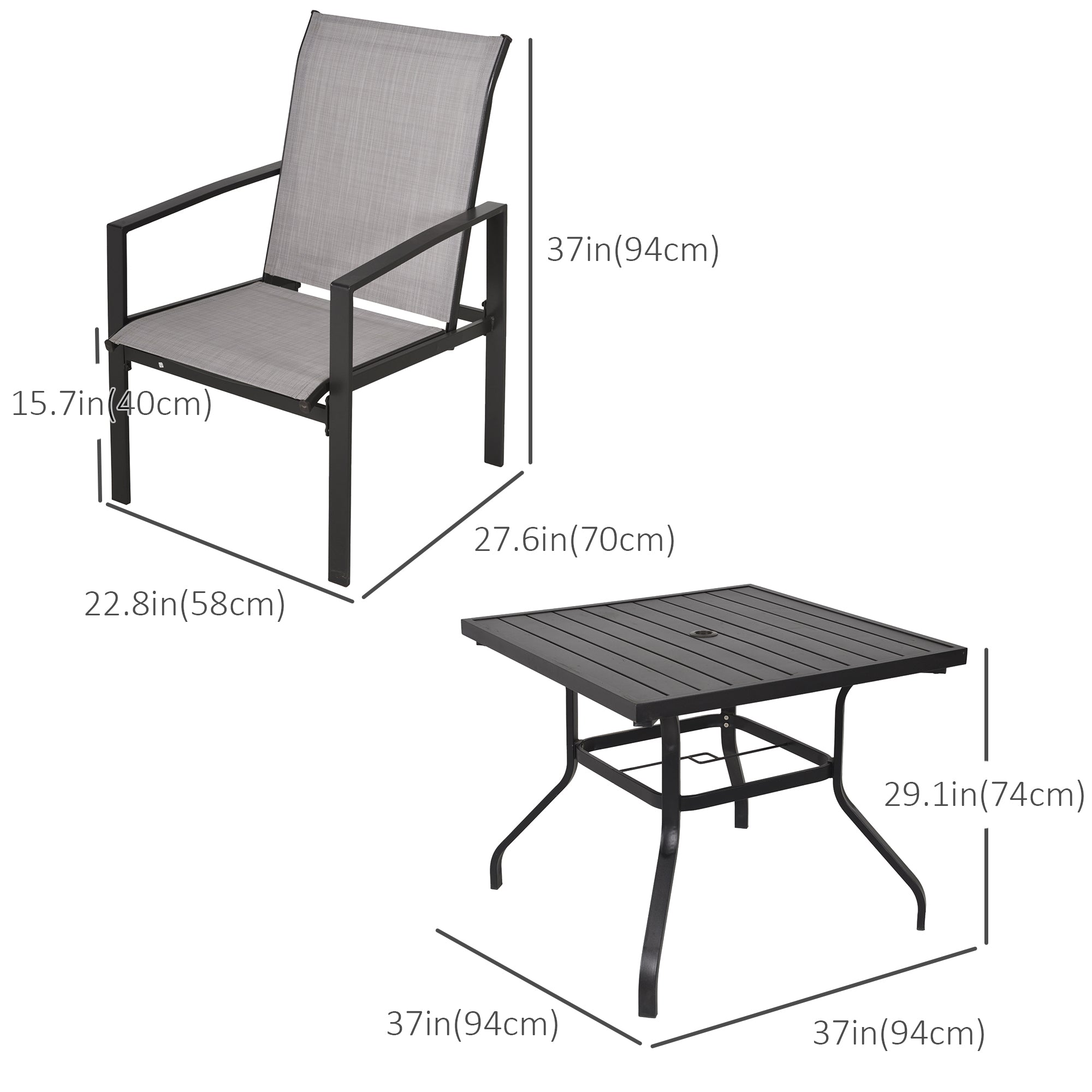Outsunny 5pc Patio Garden Table Set Outdoor Furniture Dining Set w/ Metal Slat Finish and 1.75" Umbrella Hole for Backyard Porch, Grey
