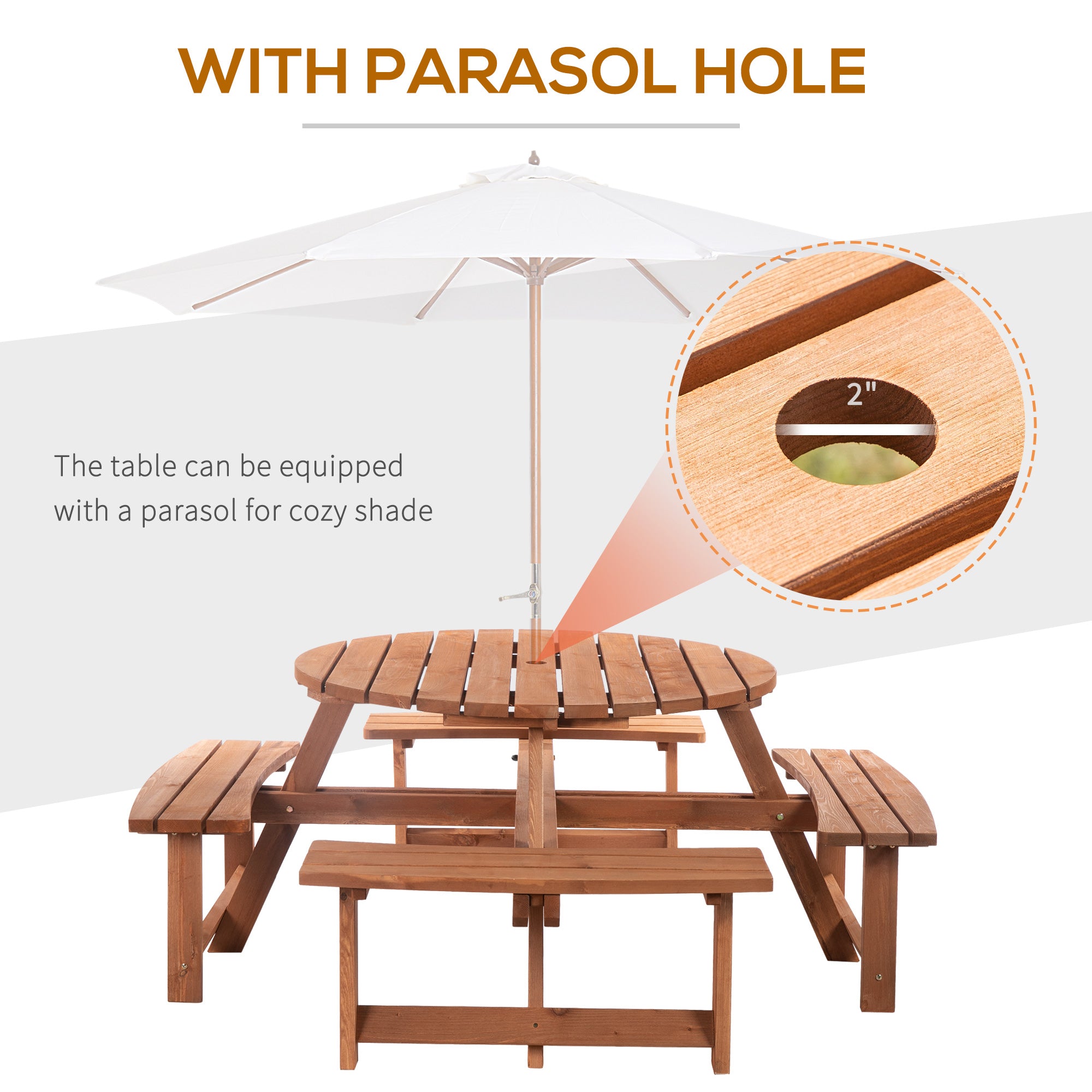 Outsunny Wooden Patio Dining Set for 8 People, Outdoor Table and Benches Set with 4 Double-Seat Benches & Round Picnic Table (Umbrella Not Included), Φ70.1" x 27.6" H, Brown