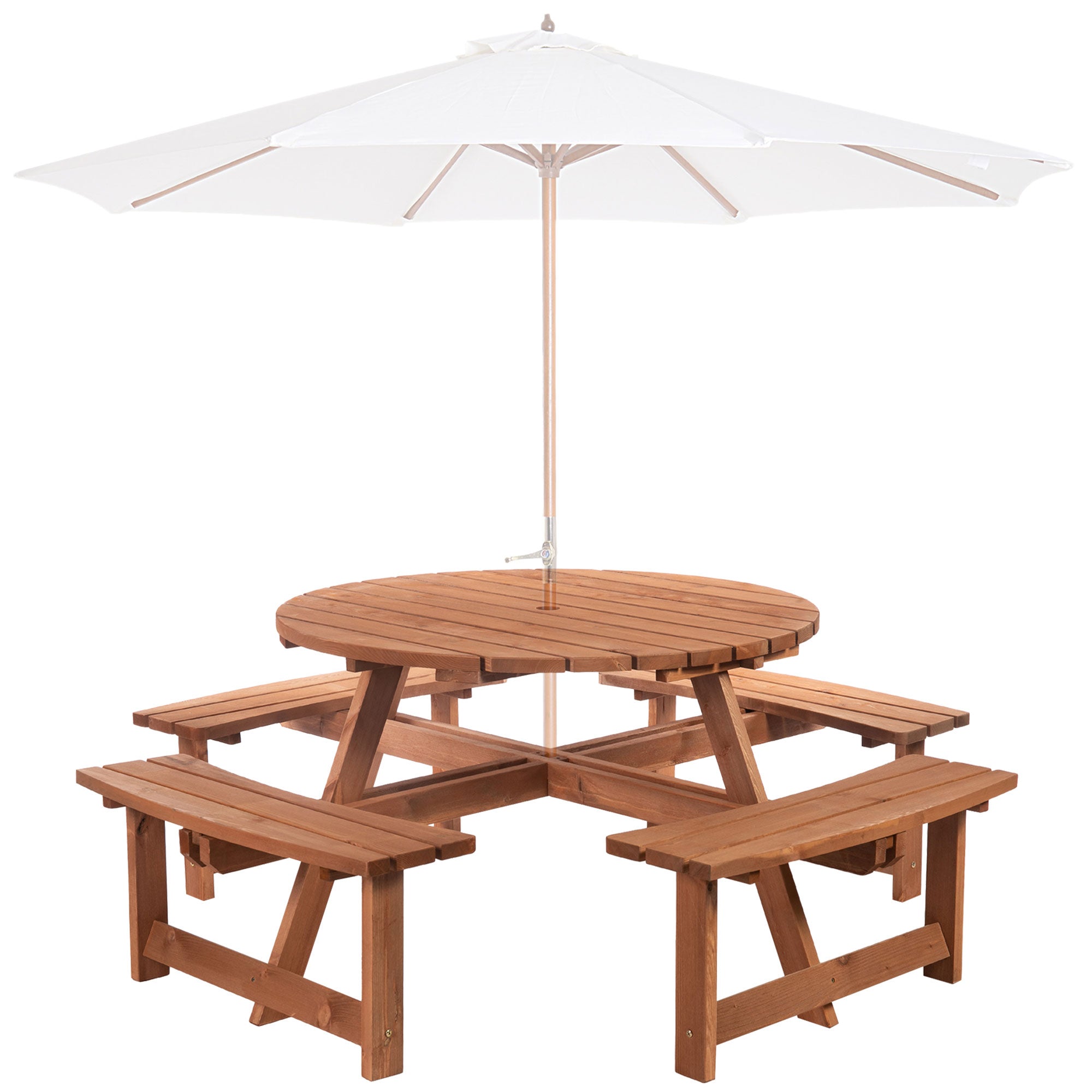 Outsunny Wooden Patio Dining Set for 8 People, Outdoor Table and Benches Set with 4 Double-Seat Benches & Round Picnic Table (Umbrella Not Included), Φ70.1" x 27.6" H, Brown
