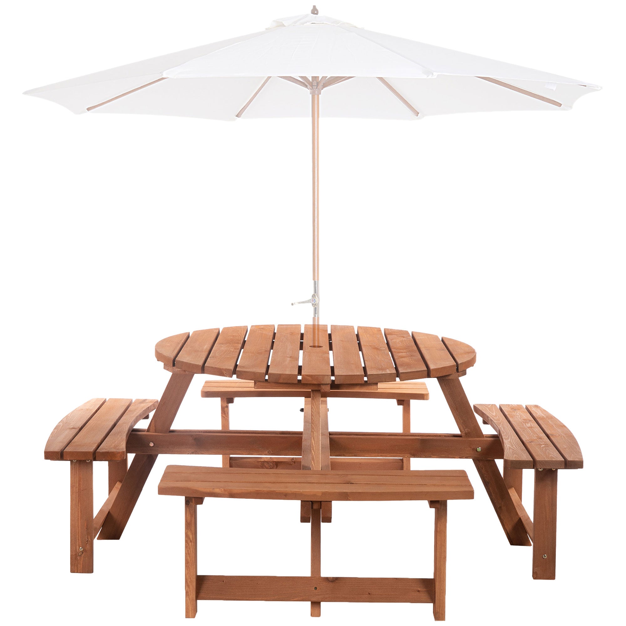 Outsunny Wooden Patio Dining Set for 8 People, Outdoor Table and Benches Set with 4 Double-Seat Benches & Round Picnic Table (Umbrella Not Included), Φ70.1" x 27.6" H, Brown