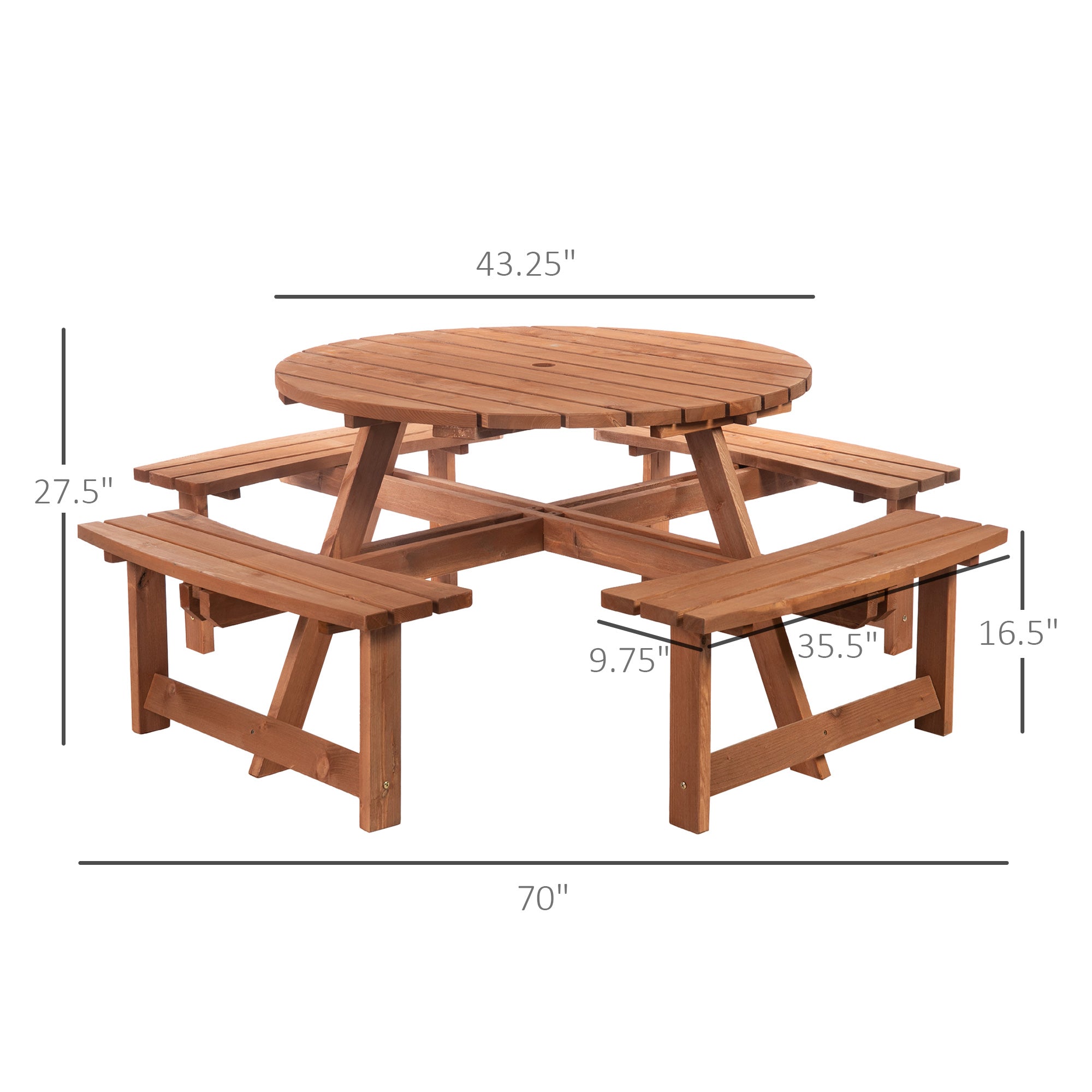 Outsunny Wooden Patio Dining Set for 8 People, Outdoor Table and Benches Set with 4 Double-Seat Benches & Round Picnic Table (Umbrella Not Included), Φ70.1
