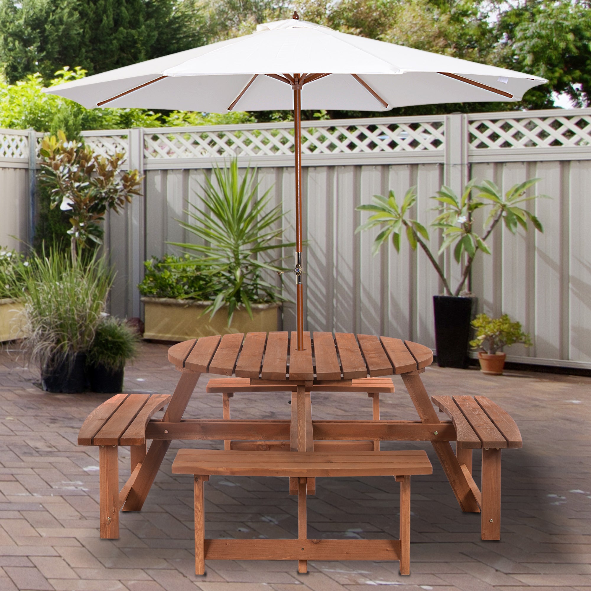 Outsunny Wooden Patio Dining Set for 8 People, Outdoor Table and Benches Set with 4 Double-Seat Benches & Round Picnic Table (Umbrella Not Included), Φ70.1