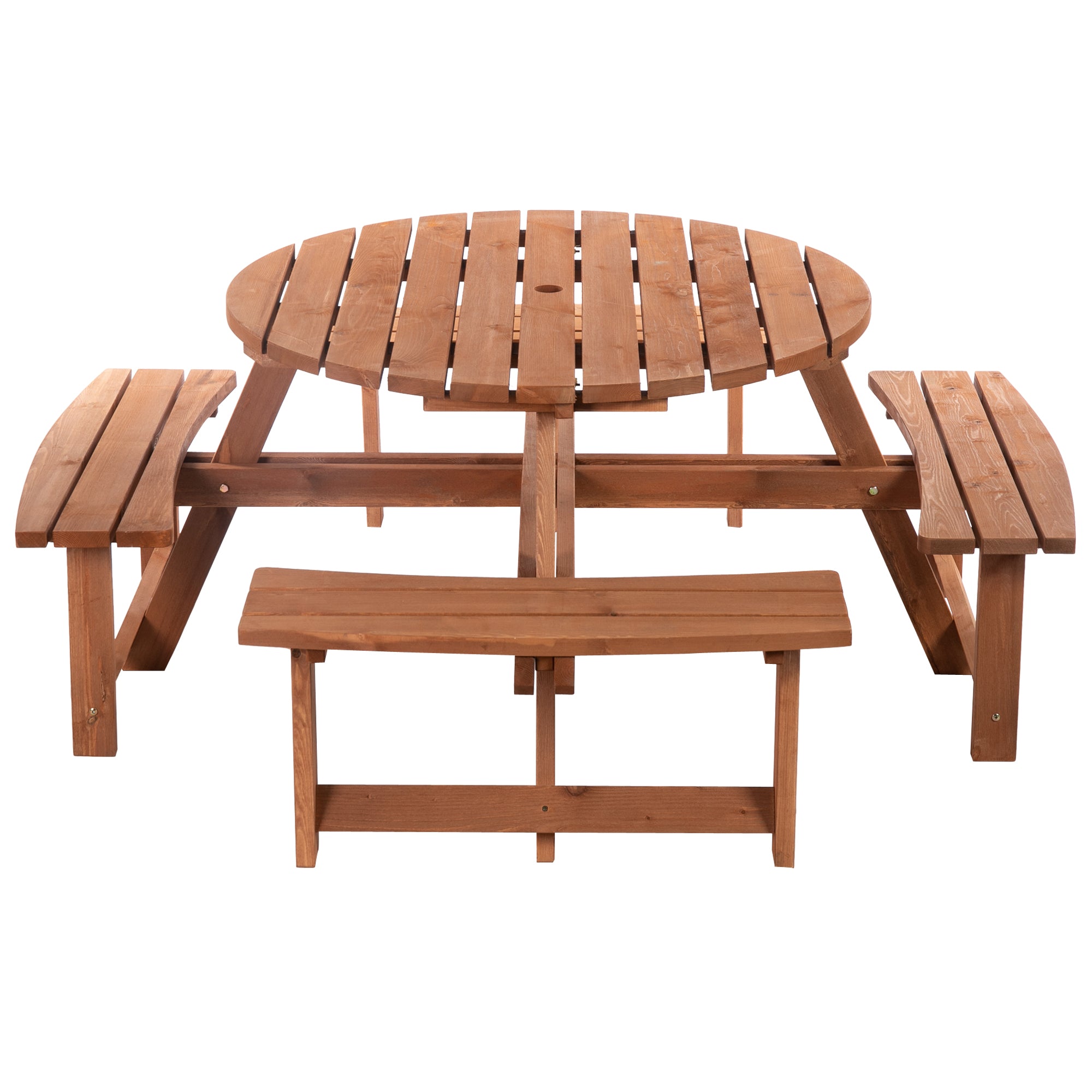 Outsunny Wooden Patio Dining Set for 8 People, Outdoor Table and Benches Set with 4 Double-Seat Benches & Round Picnic Table (Umbrella Not Included), Φ70.1