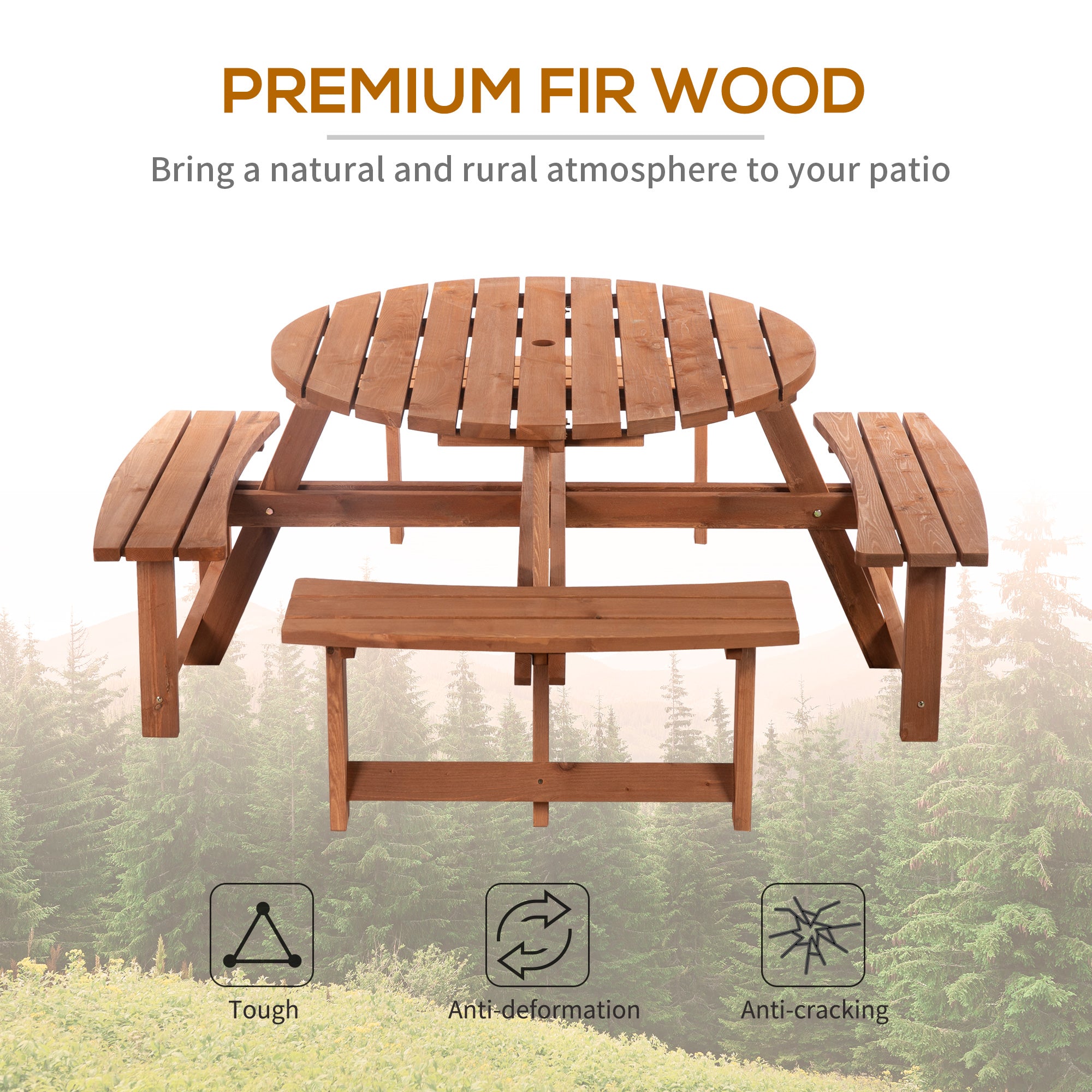 Outsunny Wooden Patio Dining Set for 8 People, Outdoor Table and Benches Set with 4 Double-Seat Benches & Round Picnic Table (Umbrella Not Included), Φ70.1
