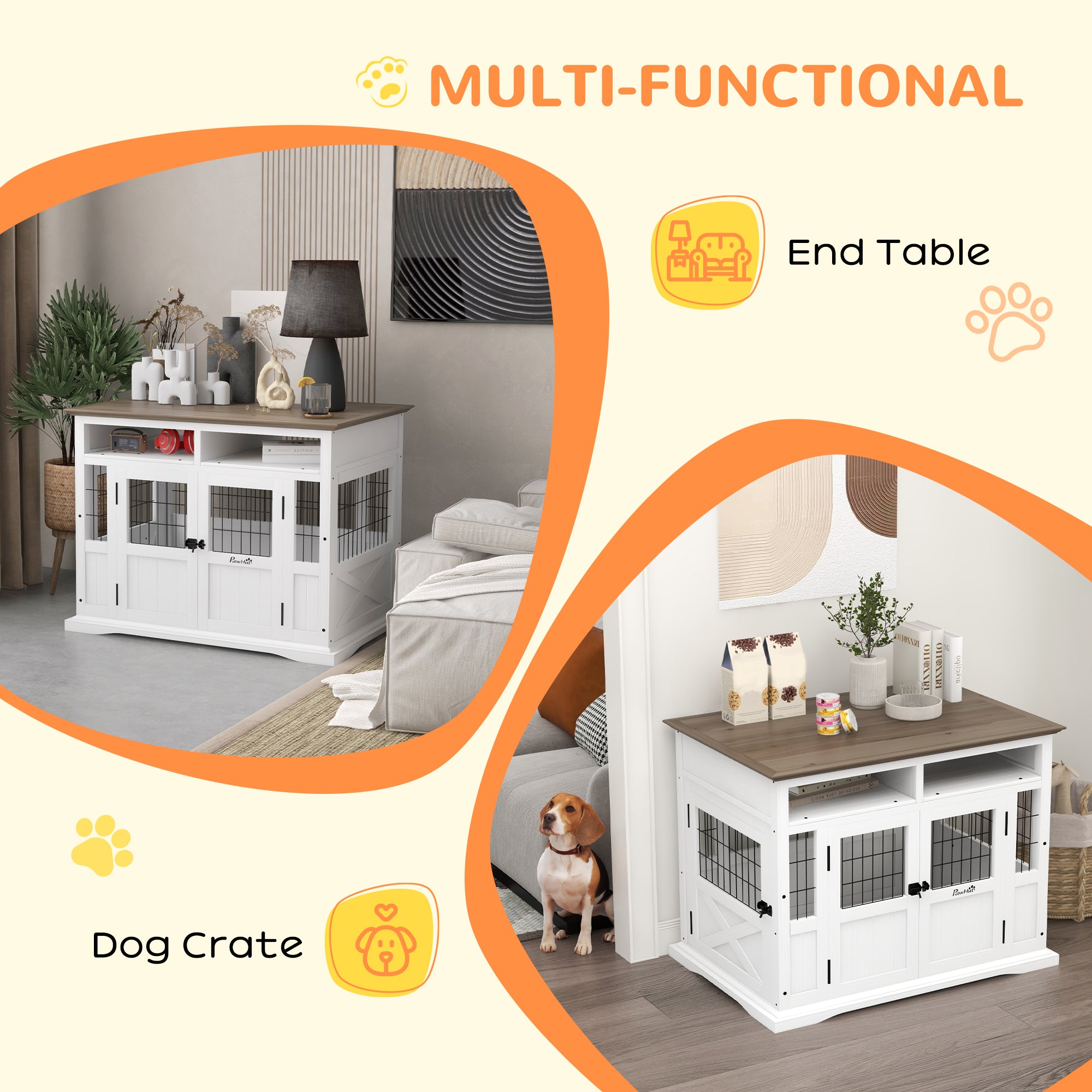 PawHut Dog Crate Furniture Side End Table with Storage, 41" Modern Wooden Dog Kennel Furniture with Double Doors for Small and Medium Dogs, White