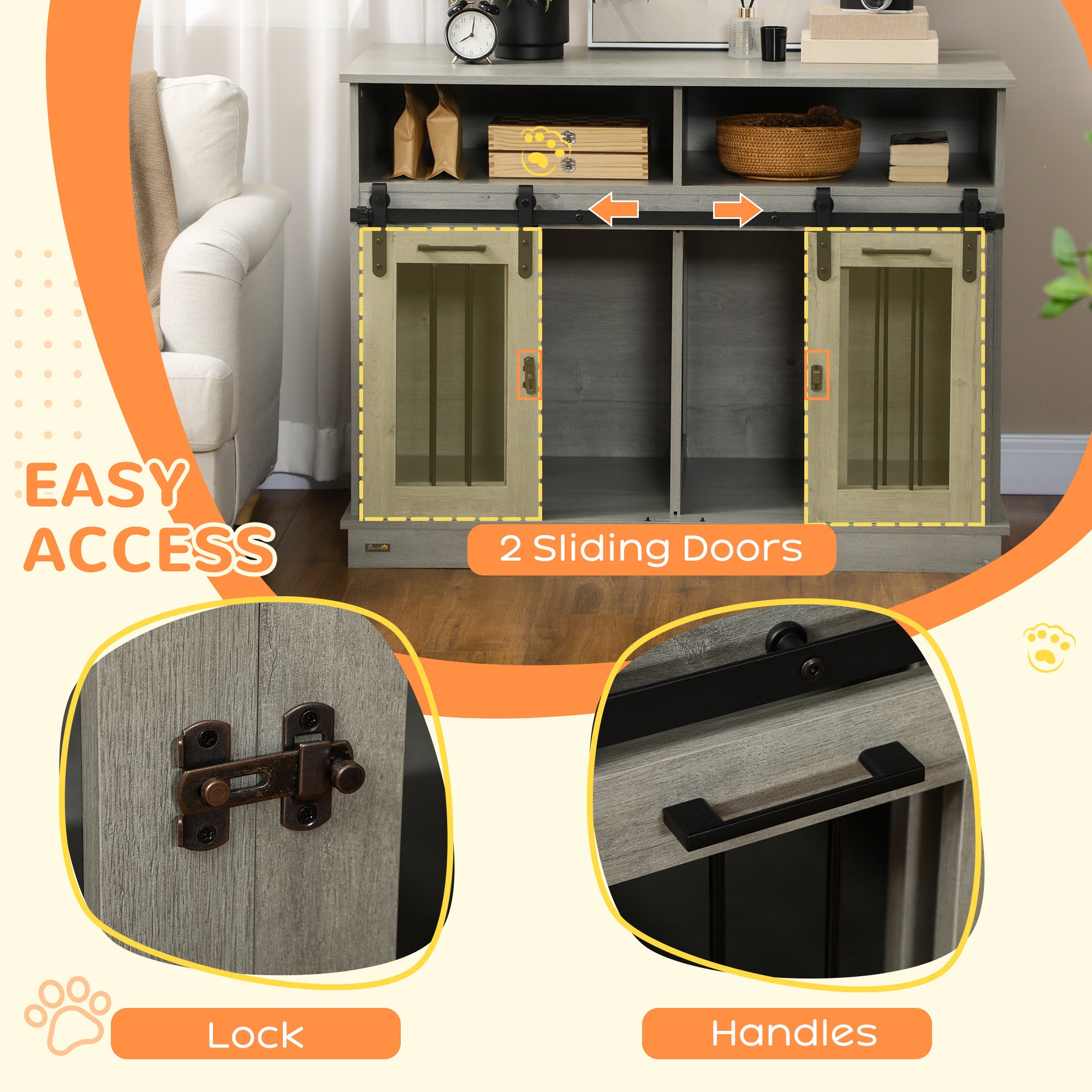 PawHut Dog Crate Furniture for Large Dogs or Double Dog Kennel for Small Dogs with Shelves, Sliding Doors, 47" x 23.5" x 35", Gray