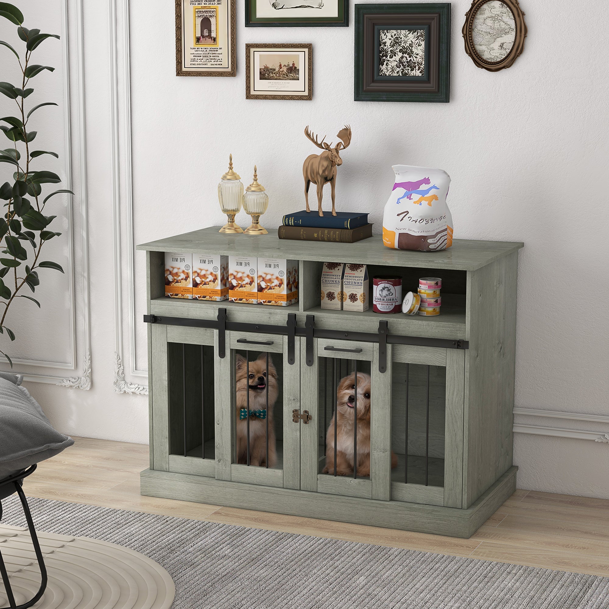 PawHut Dog Crate Furniture for Large Dogs or Double Dog Kennel for Small Dogs with Shelves, Sliding Doors, 47" x 23.5" x 35", Gray