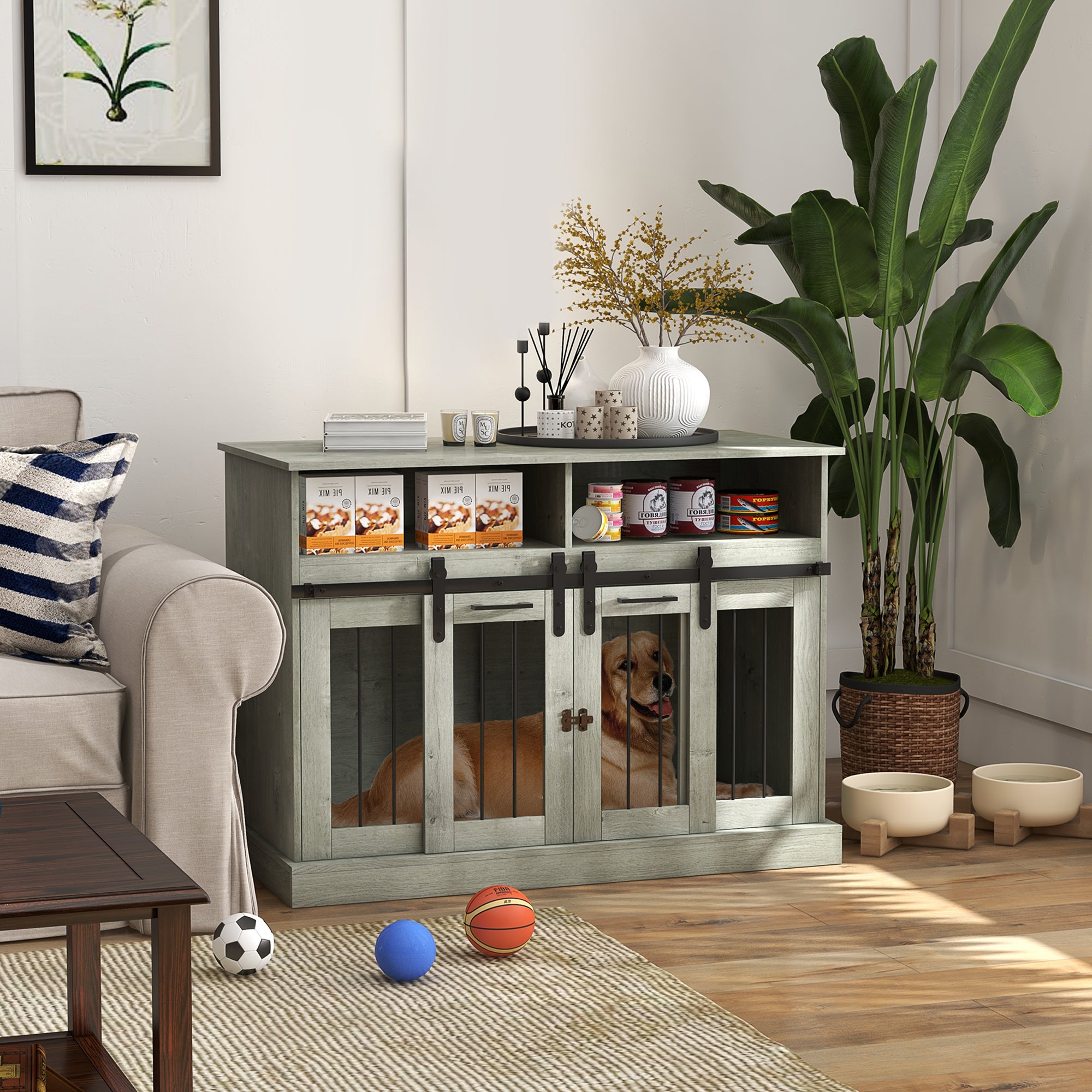 PawHut Dog Crate Furniture for Large Dogs or Double Dog Kennel for Small Dogs with Shelves, Sliding Doors, 47" x 23.5" x 35", Gray