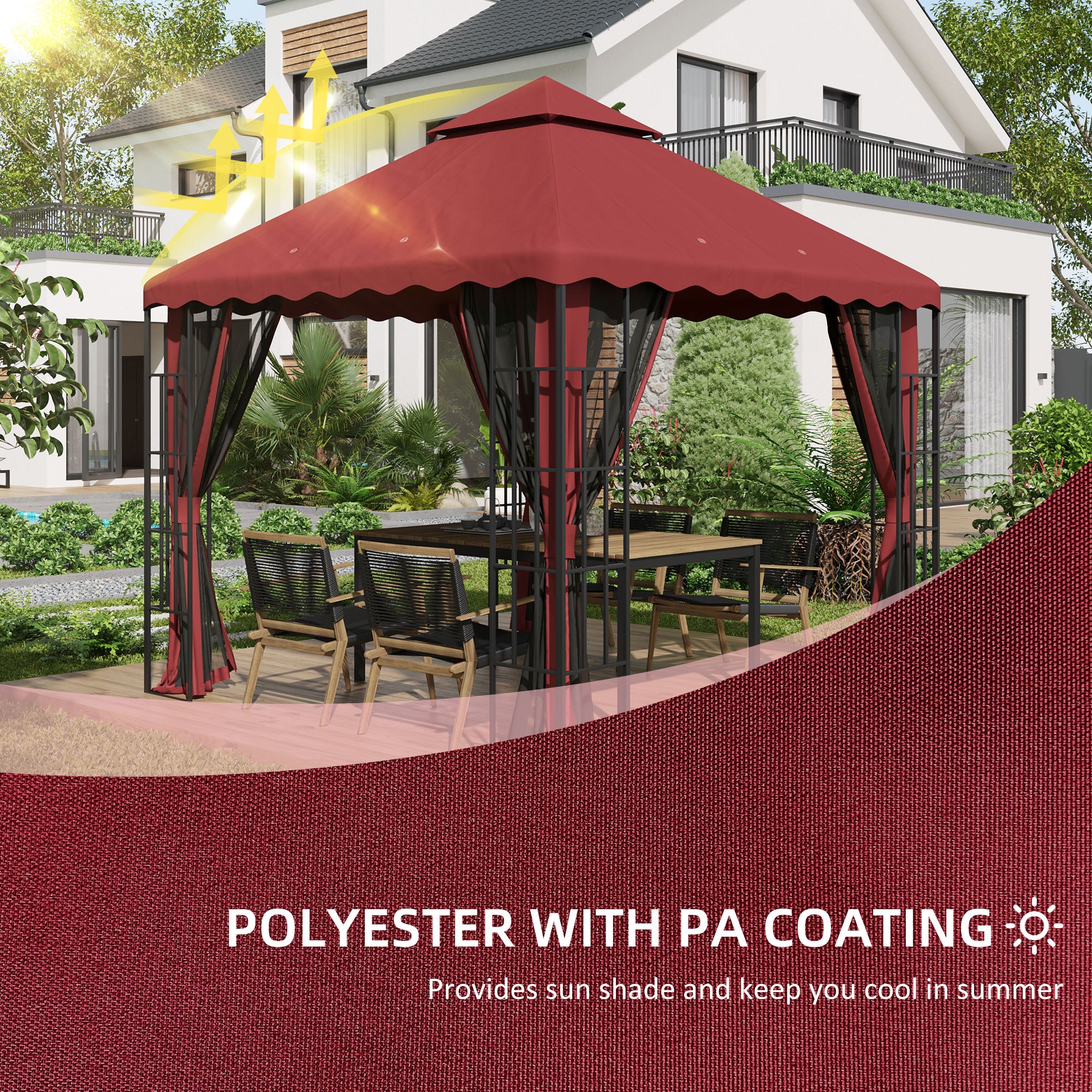 Outsunny 10' x 10' Gazebo Replacement Canopy Cover, 2 Tier Gazebo Roof Replacement TOP ONLY, Burgundy