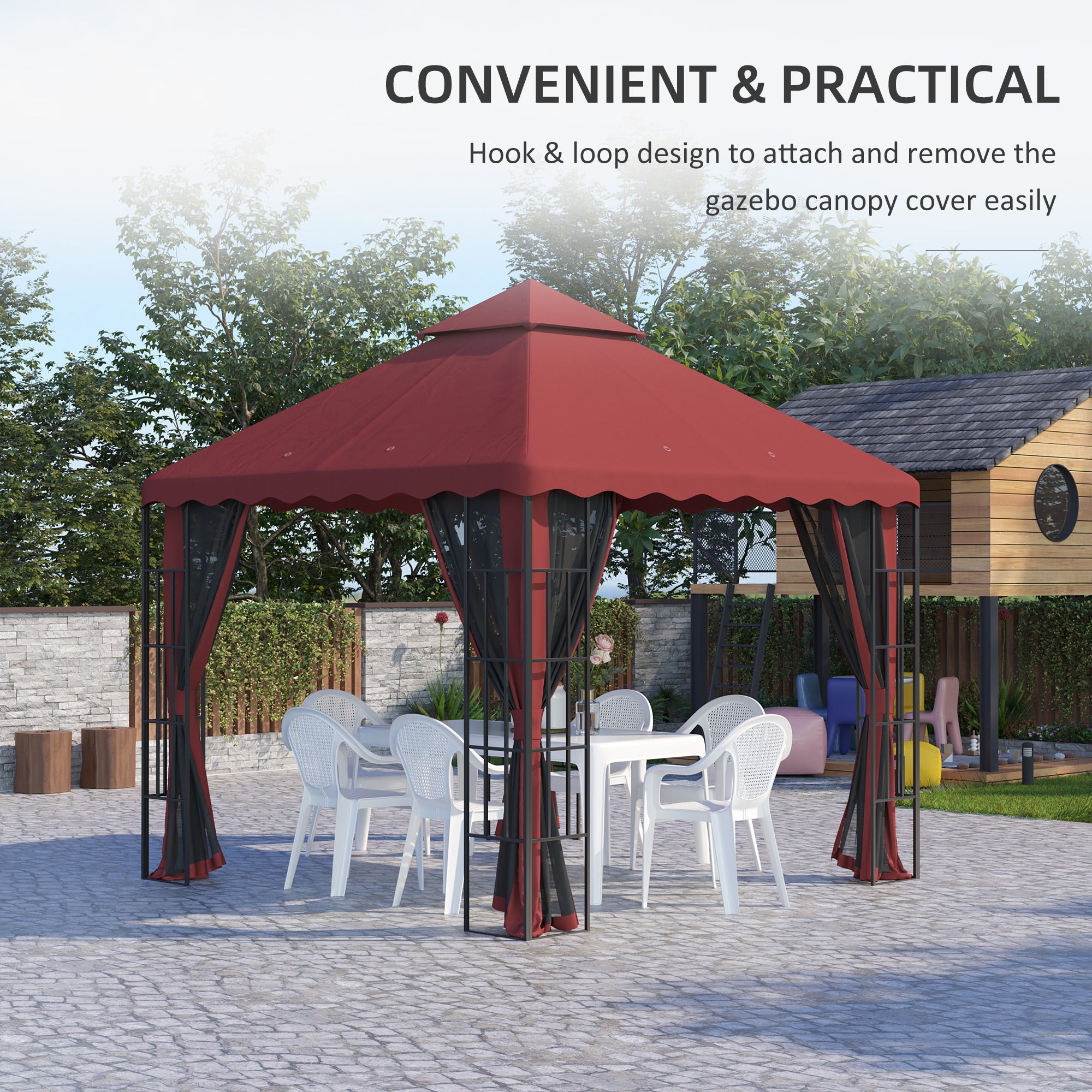 Outsunny 10' x 10' Gazebo Replacement Canopy Cover, 2 Tier Gazebo Roof Replacement TOP ONLY, Burgundy