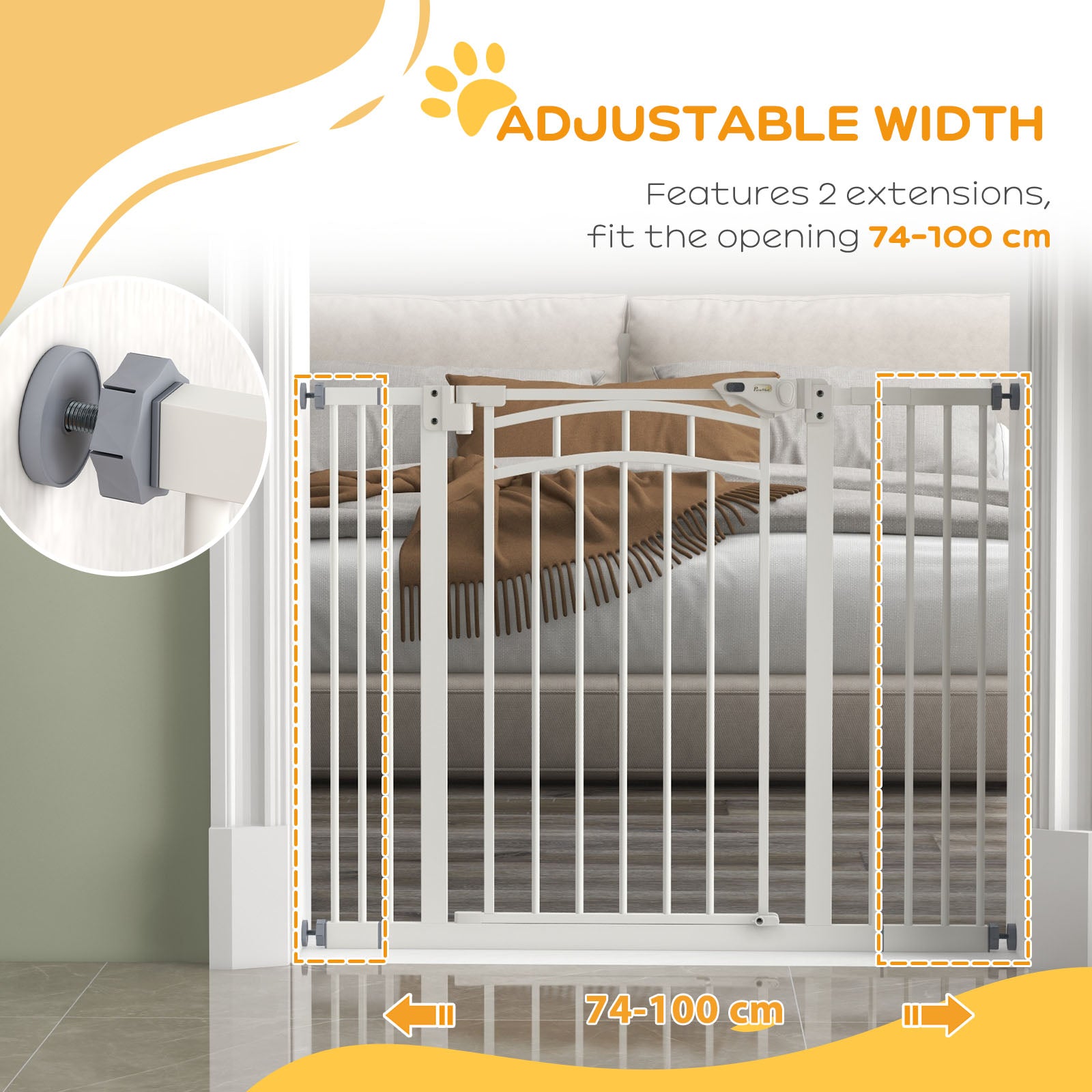 PawHut Dog Stair Gate, Pressure Fit Safety Gate with Automatic Closing System, Pet Barrier with Double Locking, for Stairs, Doors and Hallways, for Width 74-100cm - White