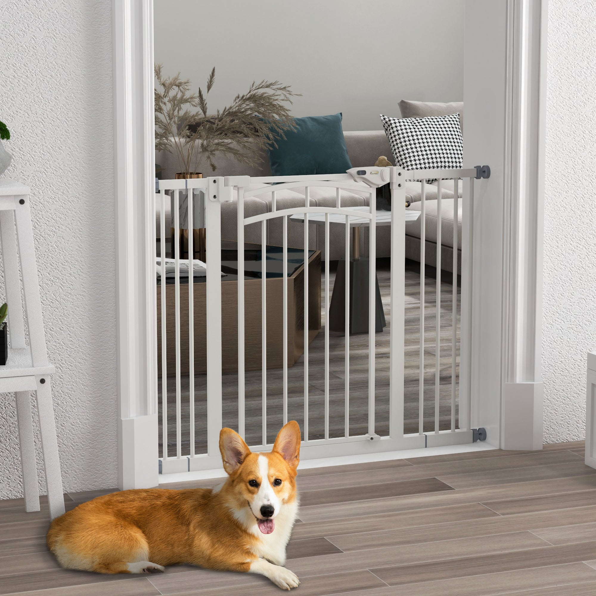 PawHut Dog Stair Gate, Pressure Fit Safety Gate with Automatic Closing System, Pet Barrier with Double Locking, for Stairs, Doors and Hallways, for Width 74-100cm - White