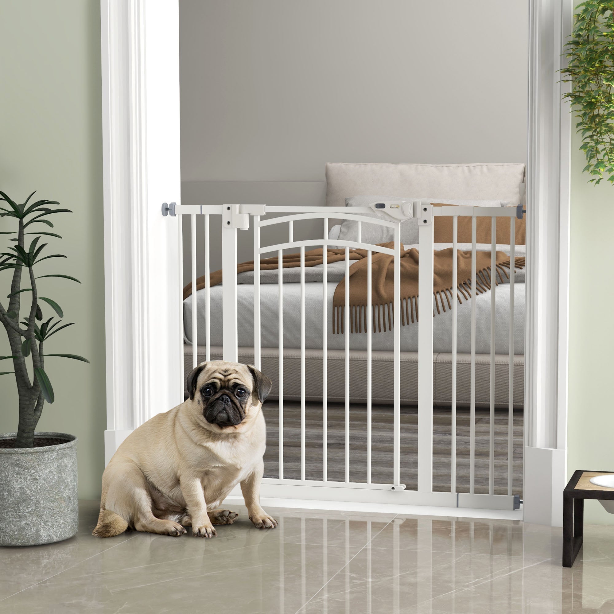 PawHut Dog Stair Gate, Pressure Fit Safety Gate with Automatic Closing System, Pet Barrier with Double Locking, for Stairs, Doors and Hallways, for Width 74-100cm - White