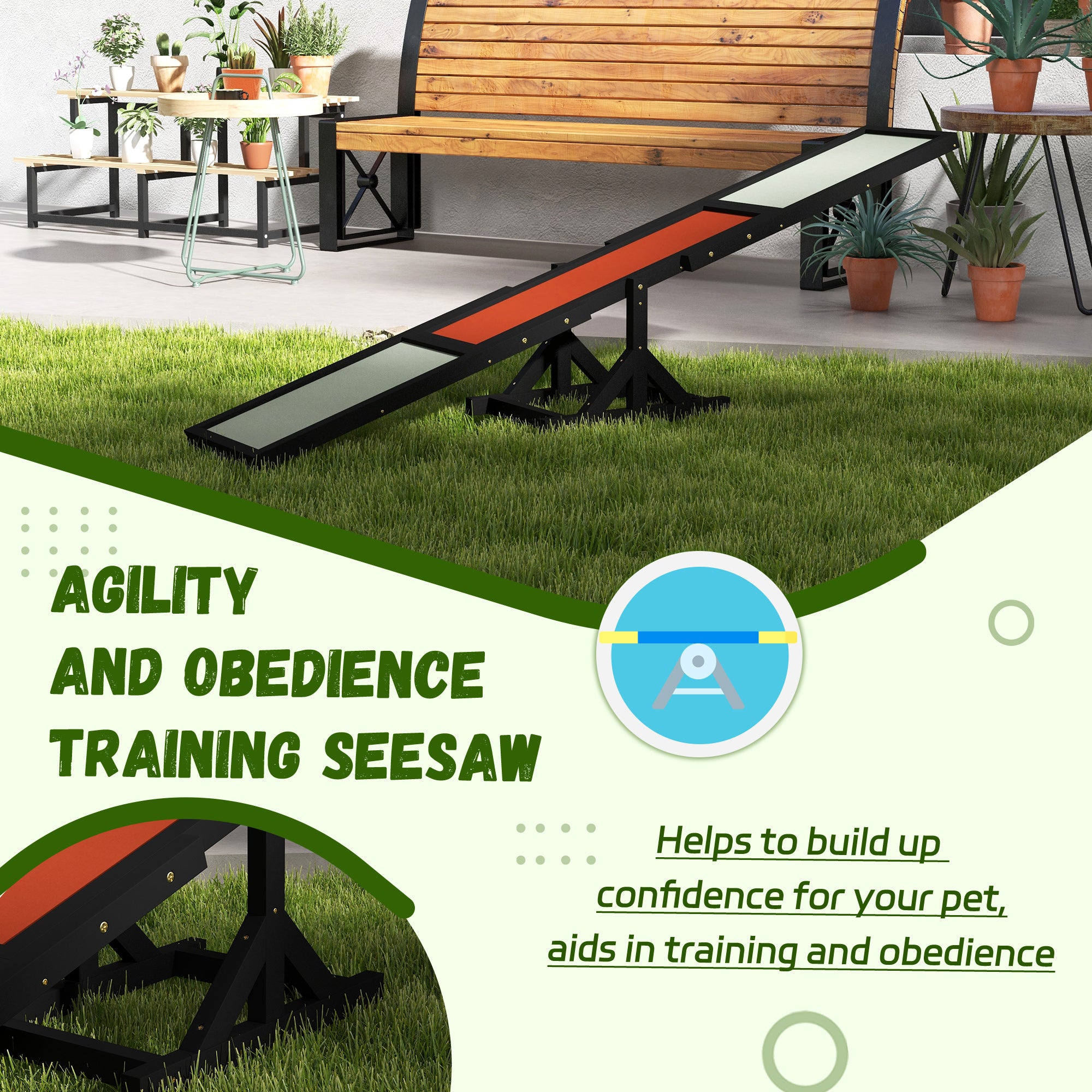 PawHut Wooden Pet Seesaw for Big Dogs, Agility Training Equipment for Dogs with Anti-Slip surface, 180 x 30 x 30cm - Black