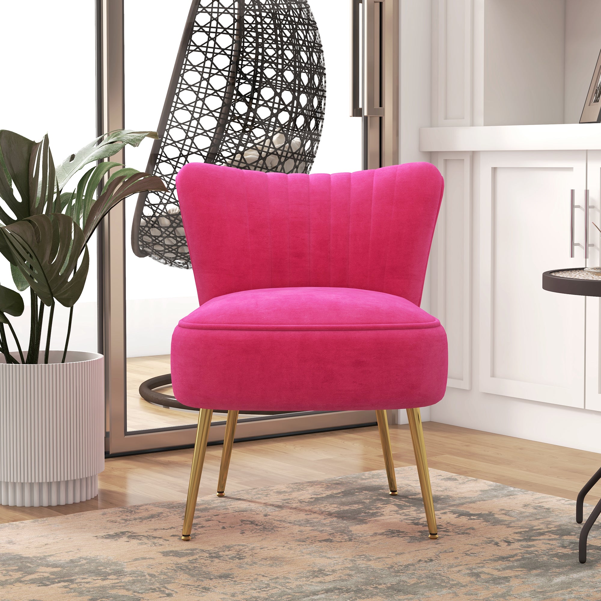 HOMCOM Modern Armless Accent Chair, Upholstered Slipper Chair for Bedroom, Velvet Wingback Living Room Chair with Gold Steel Legs and Tufted Back, Pink